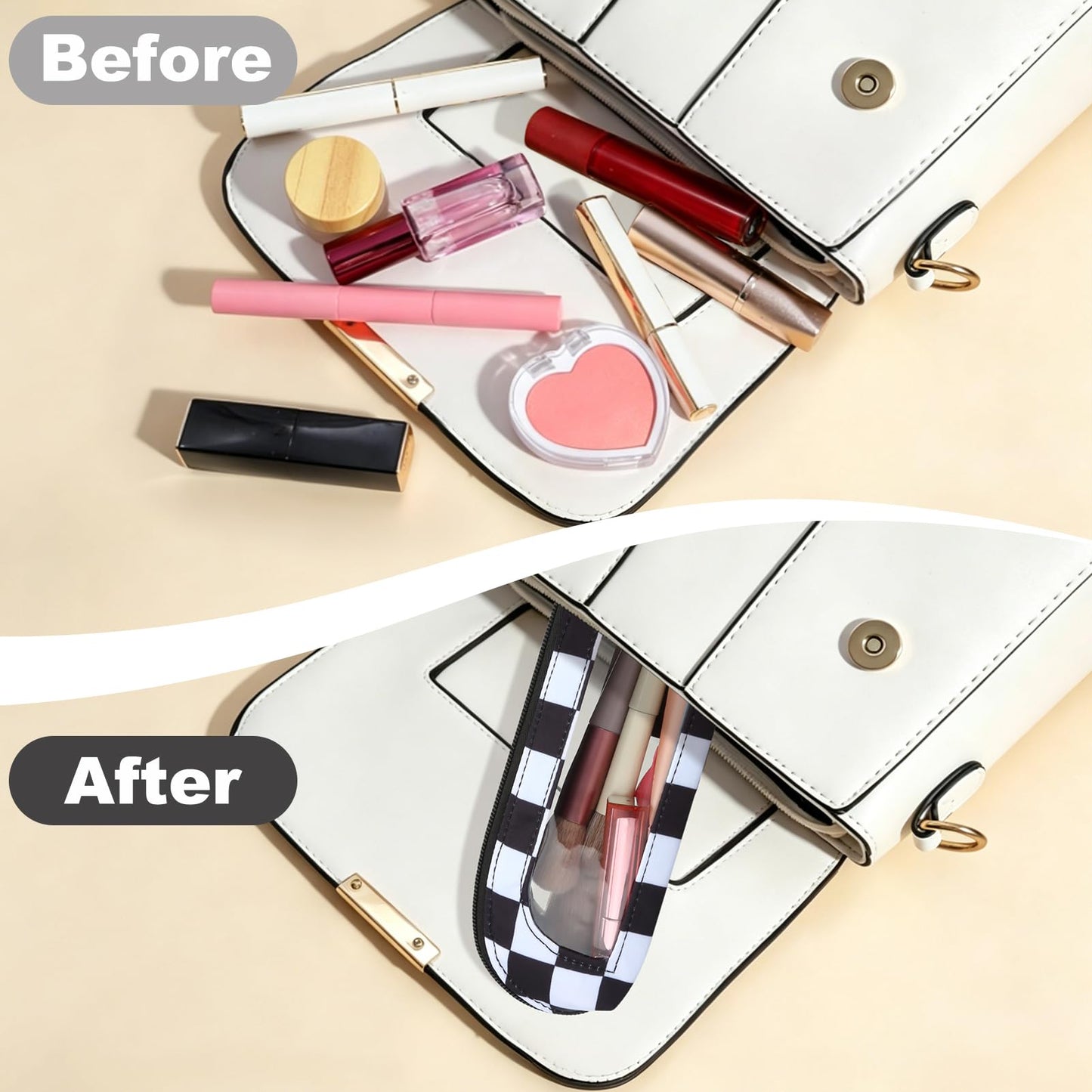 DOB SECHS Small Clear Makeup Bag for Purse Mini Checkered Brush Pouch for Travel Nylon Travel Cosmetic Organizer Pouches Holder Pencil Bag with Zipper Double Sided Clear Make-up Bags