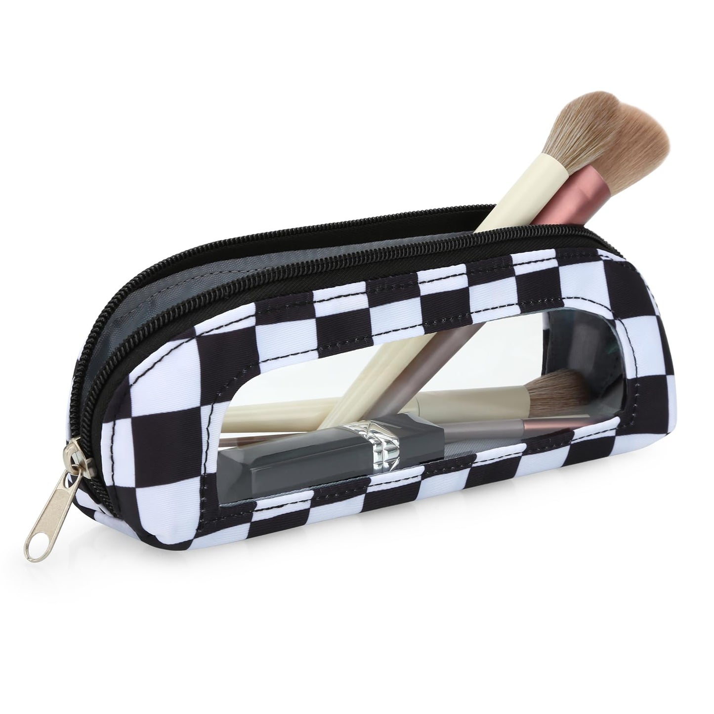 DOB SECHS Small Clear Makeup Bag for Purse Mini Checkered Brush Pouch for Travel Nylon Travel Cosmetic Organizer Pouches Holder Pencil Bag with Zipper Double Sided Clear Make-up Bags