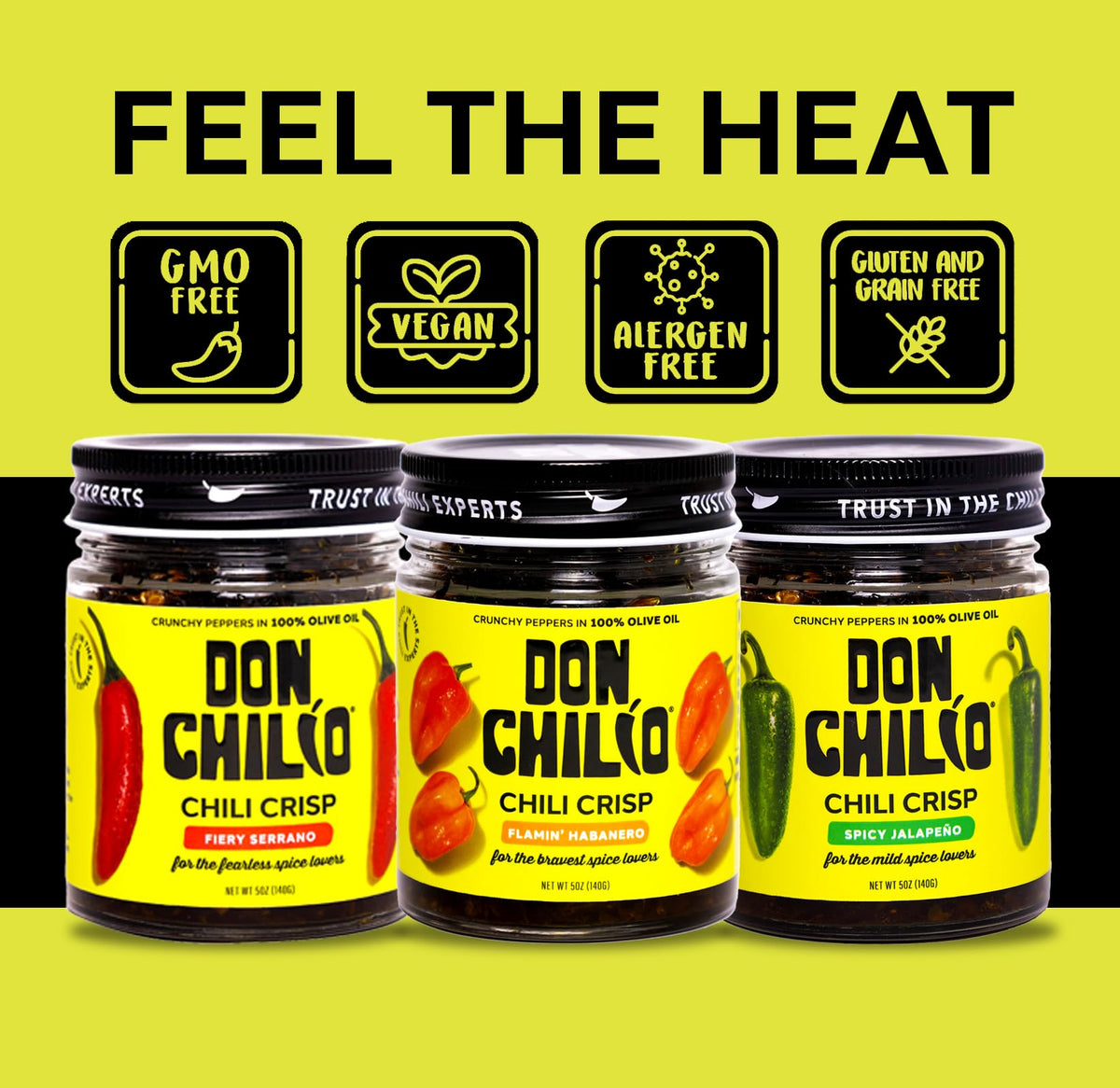 Don Chilio Mild Jalapeño Chile Crisp – 5 oz x 3 Pack | Crispy Jalapeño Peppers in Olive Oil | Keto, Vegan, Gluten Free