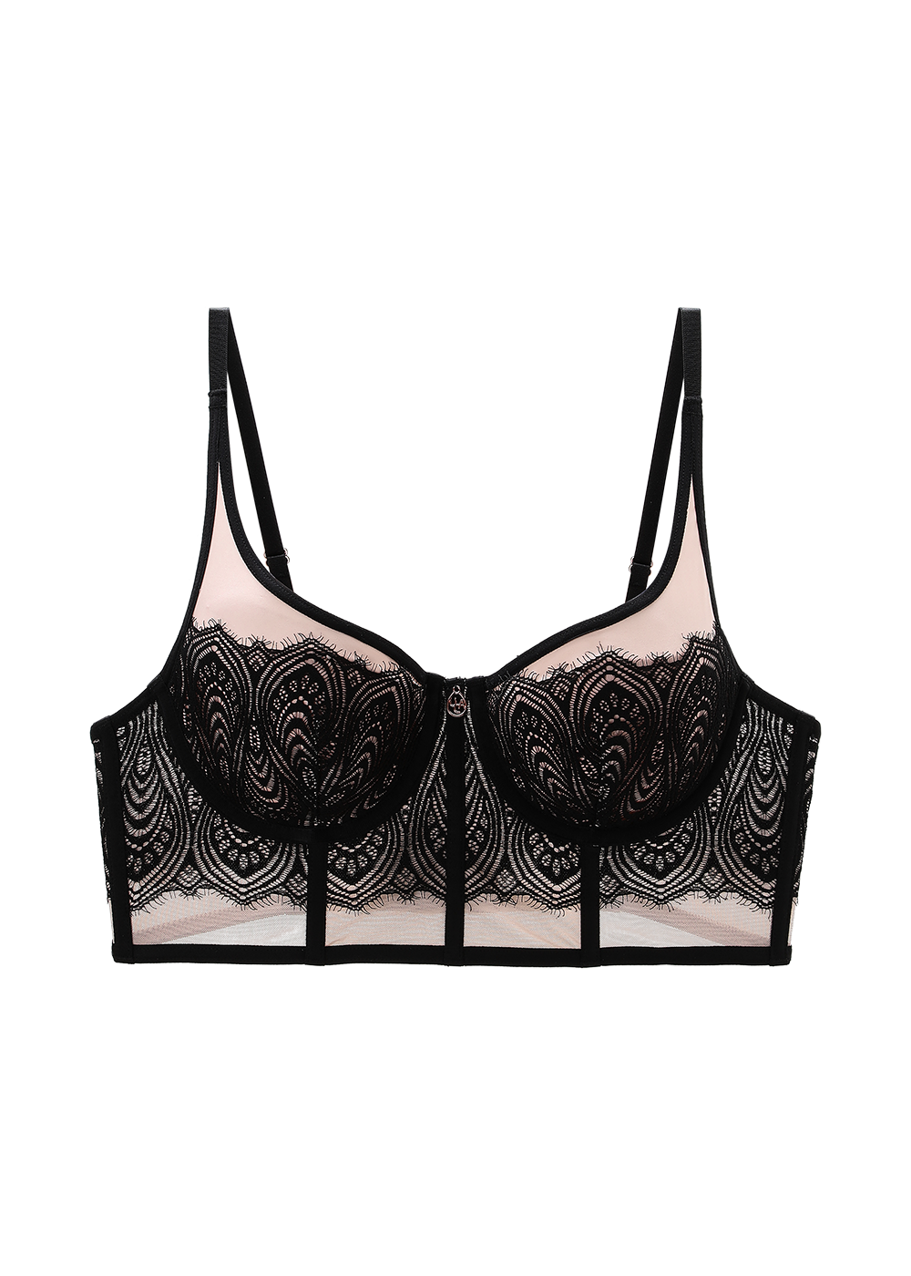 DOVE Black Pink Lace Underwired Long Plunge Bra with Cut & Sewn Cups