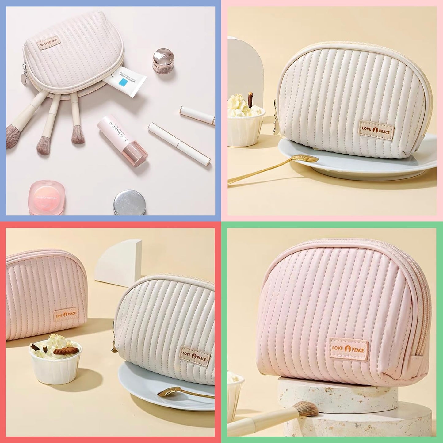 Duleylv Small Makeup Bag for Purse Mini Cosmetic Pouch Waterproof Makeup Organizer for Women Small Cosmetic Bag PU Leather Travel Makeup Bag Lipstick Bag with Zipper Beige