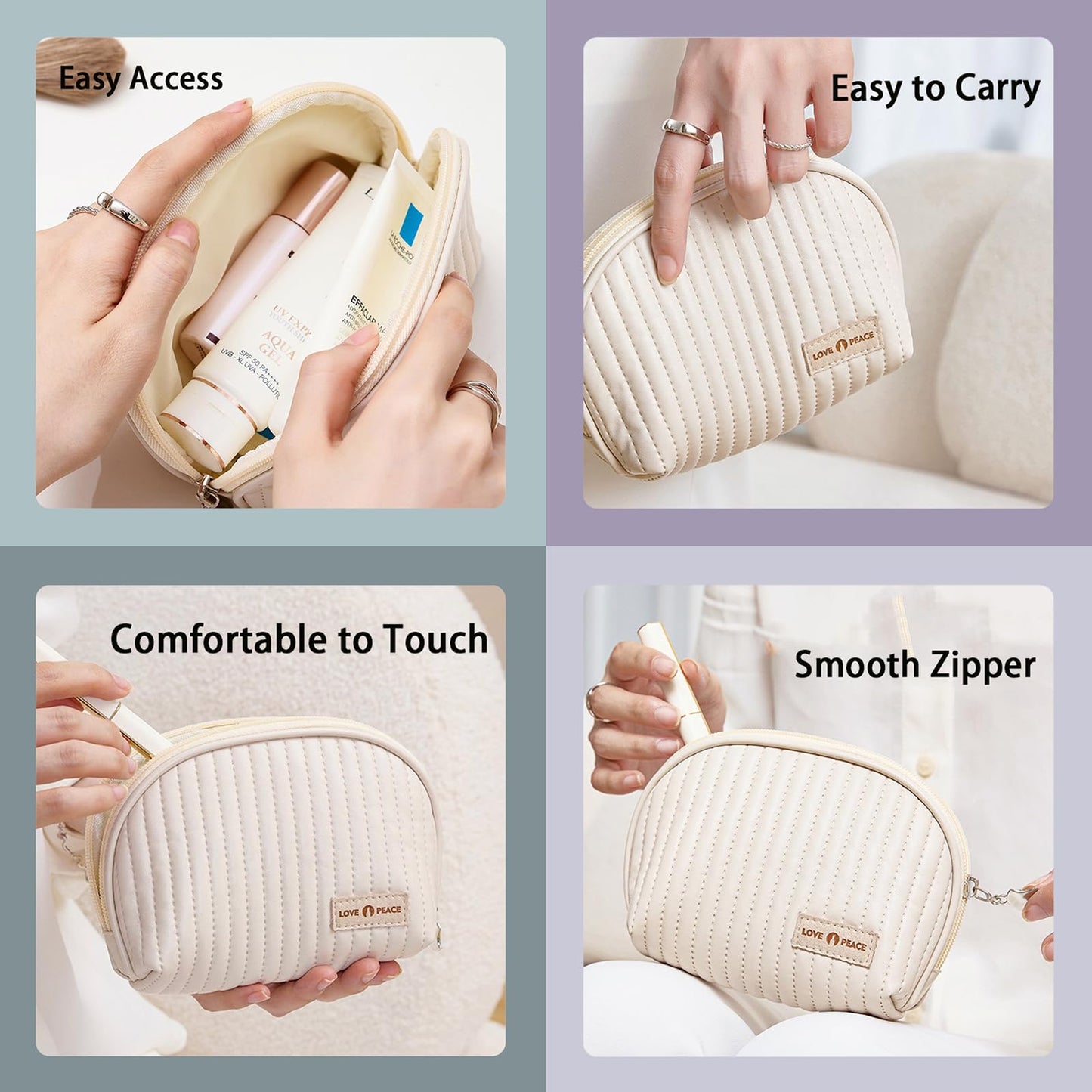 Duleylv Small Makeup Bag for Purse Mini Cosmetic Pouch Waterproof Makeup Organizer for Women Small Cosmetic Bag PU Leather Travel Makeup Bag Lipstick Bag with Zipper Beige