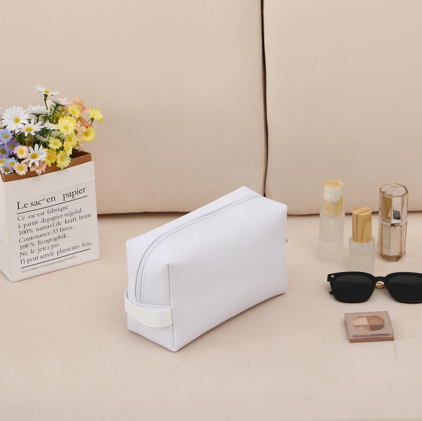 DYSHAYEN Small Waffle Makeup Bag for Travel, White