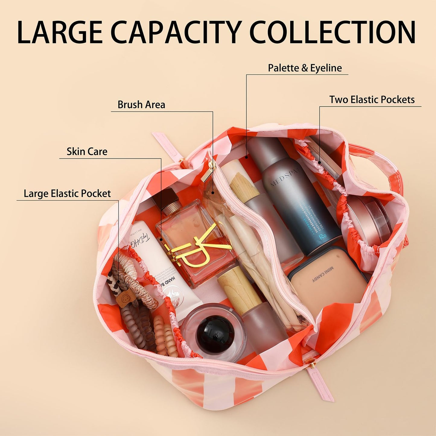 DYSHAYEN Travel Makeup Bag, Pink and Orange Striped