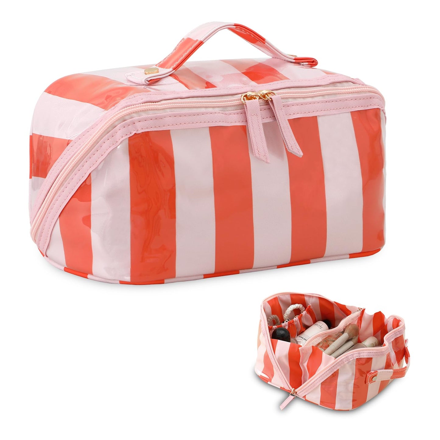 DYSHAYEN Travel Makeup Bag, Pink and Orange Striped