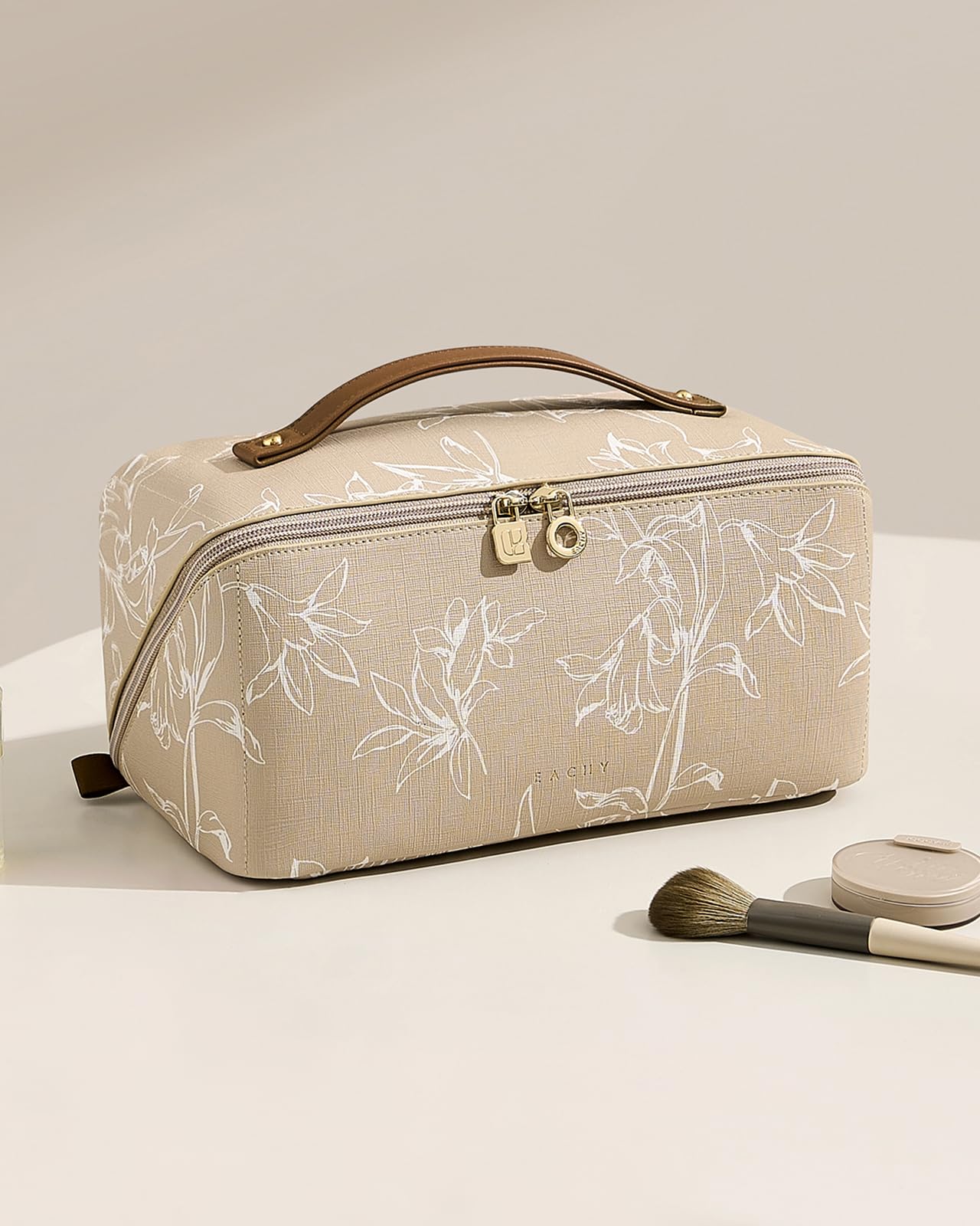 EACHY Travel Makeup Bag, Floral Cosmetic Bag for Women, Brown, Large