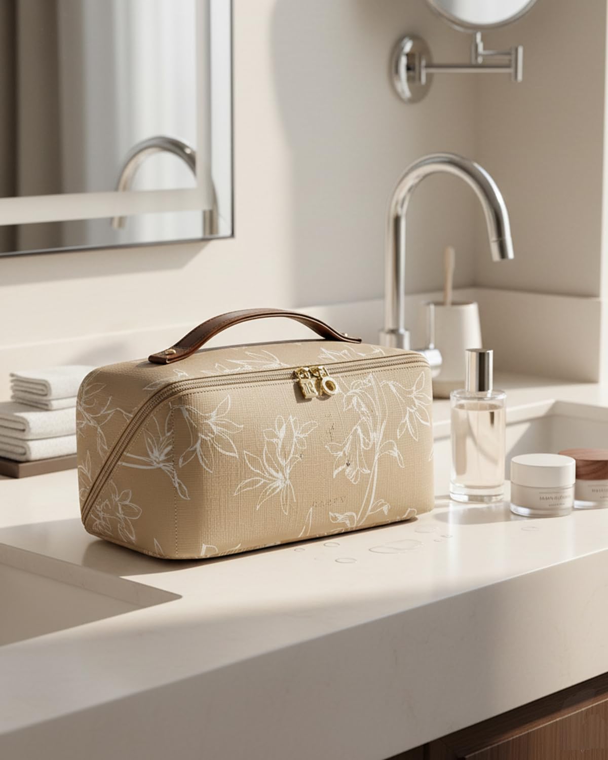 EACHY Travel Makeup Bag, Floral Cosmetic Bag for Women, Brown, Large