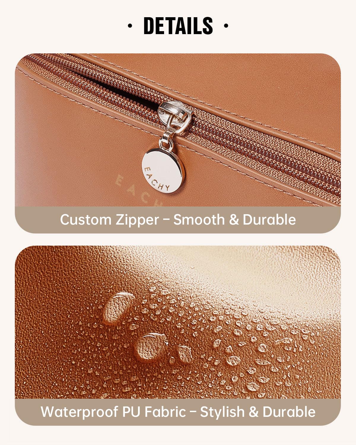 EACHY Travel Makeup Bag for Women, PU Leather Cosmetic Bag, Brown, Medium