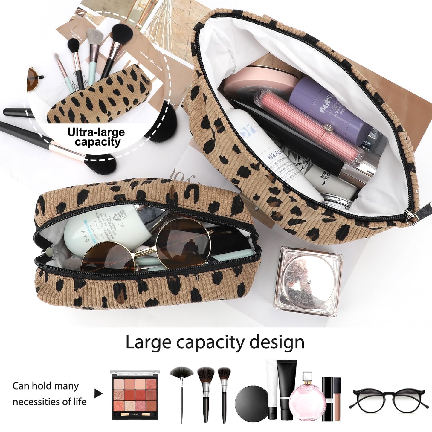 EIMMBD Makeup Bag 3 Pieces Large Capacity Cosmetic Bags Travel Toiletry Bag Organizer Cute Makeup Pouch Storage for Women(Brown Leopard)