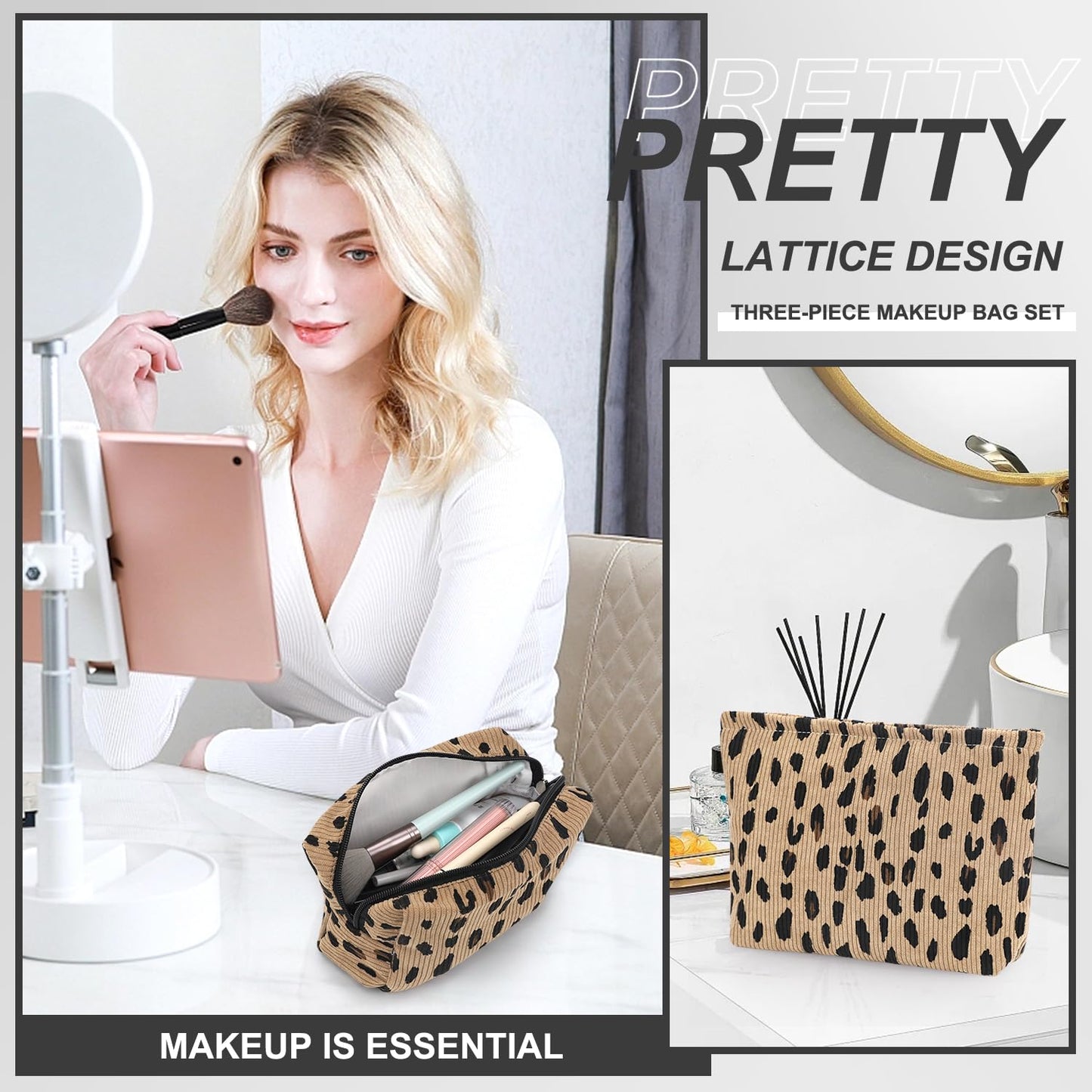EIMMBD Makeup Bag 3 Pieces Large Capacity Cosmetic Bags Travel Toiletry Bag Organizer Cute Makeup Pouch Storage for Women(Brown Leopard)