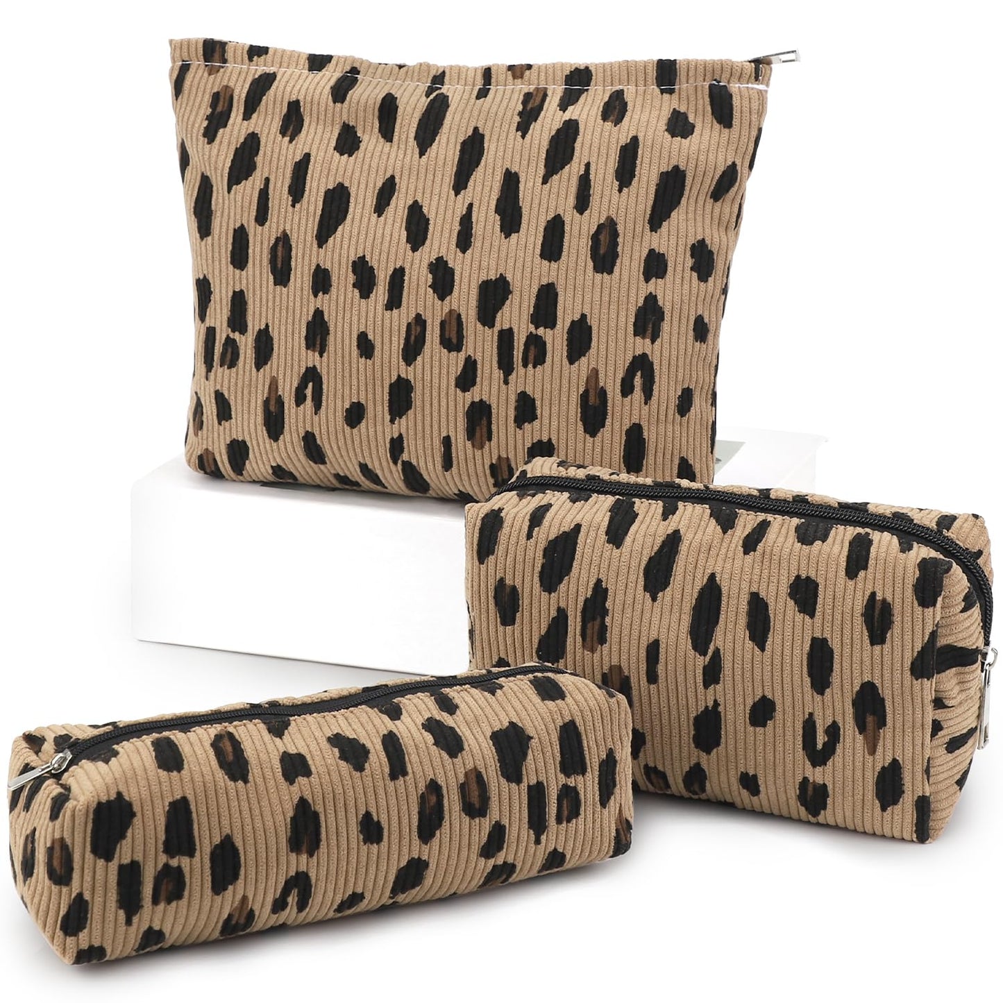 EIMMBD Makeup Bag 3 Pieces Large Capacity Cosmetic Bags Travel Toiletry Bag Organizer Cute Makeup Pouch Storage for Women(Brown Leopard)