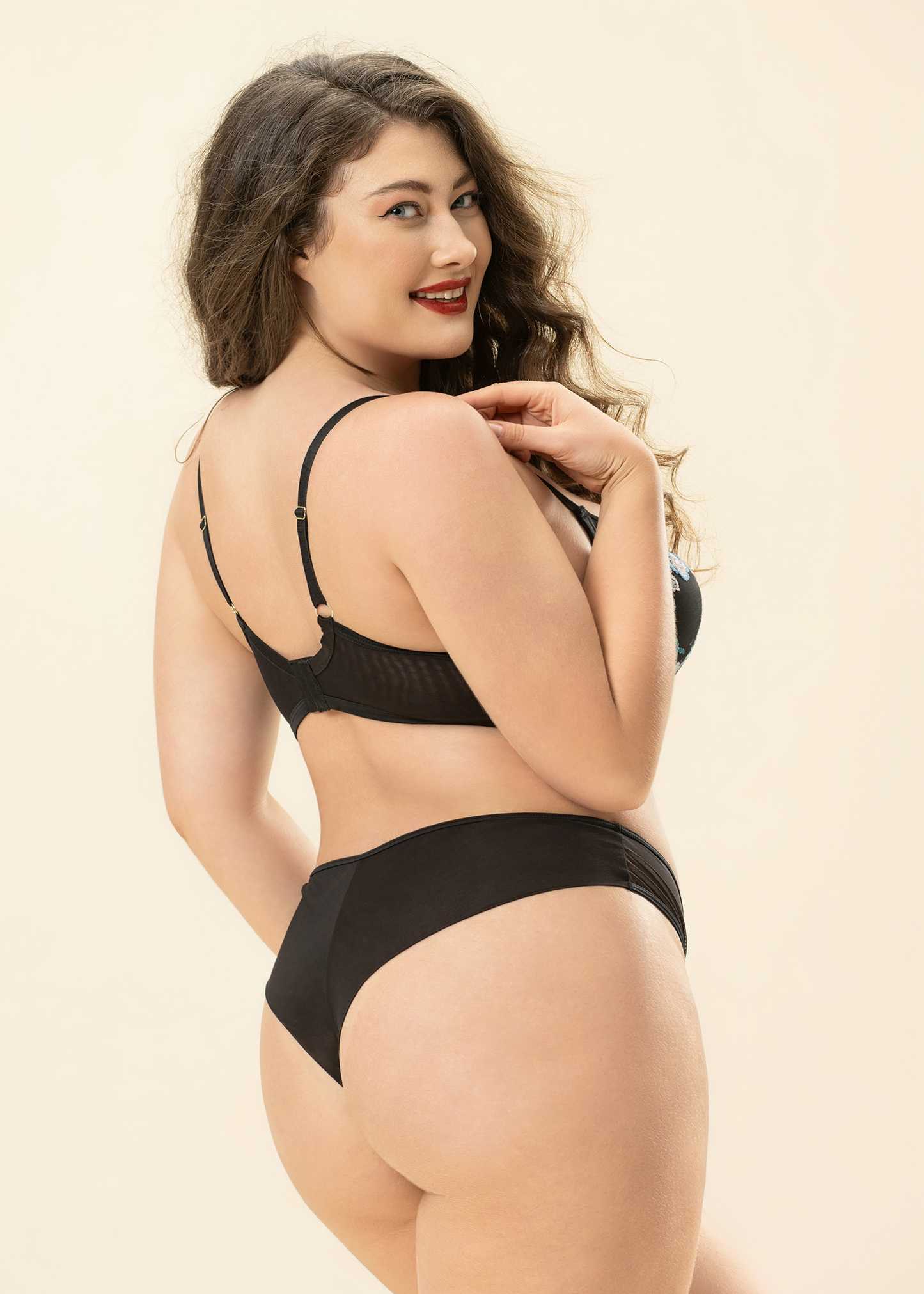 ELARA Plus Black Blue Floral Embroidery Lace Tanga Panties