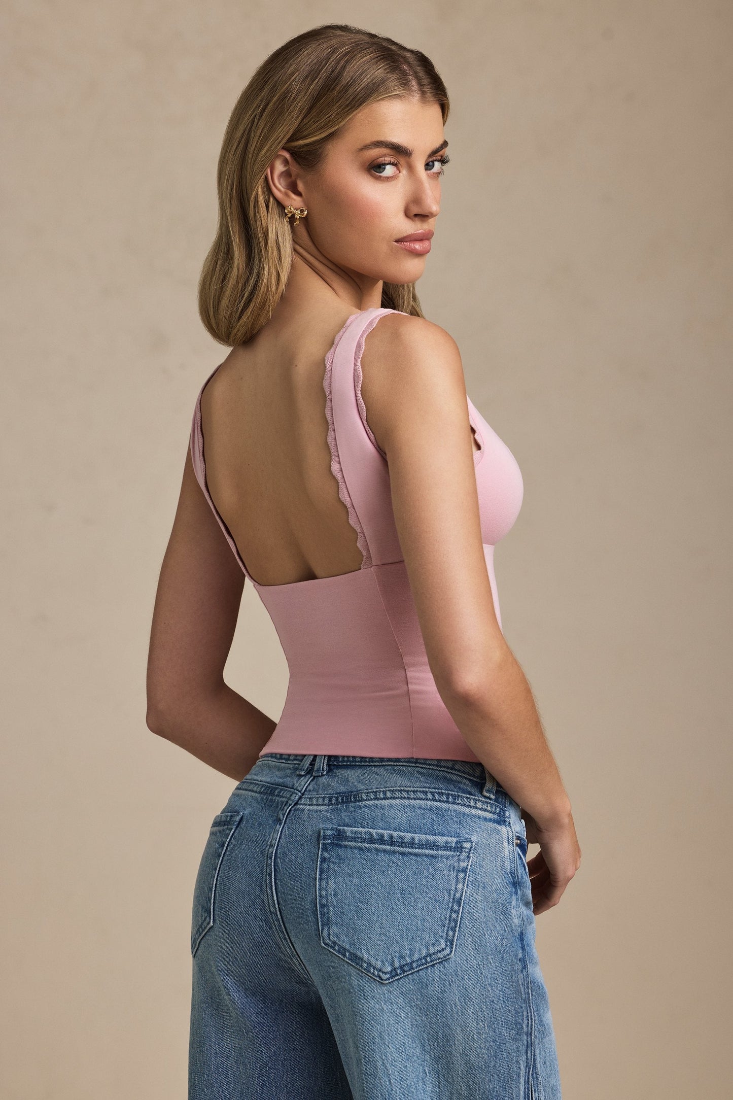 Modal Plunge-Neck Scallop-Trim Tank Top in Soft Pink