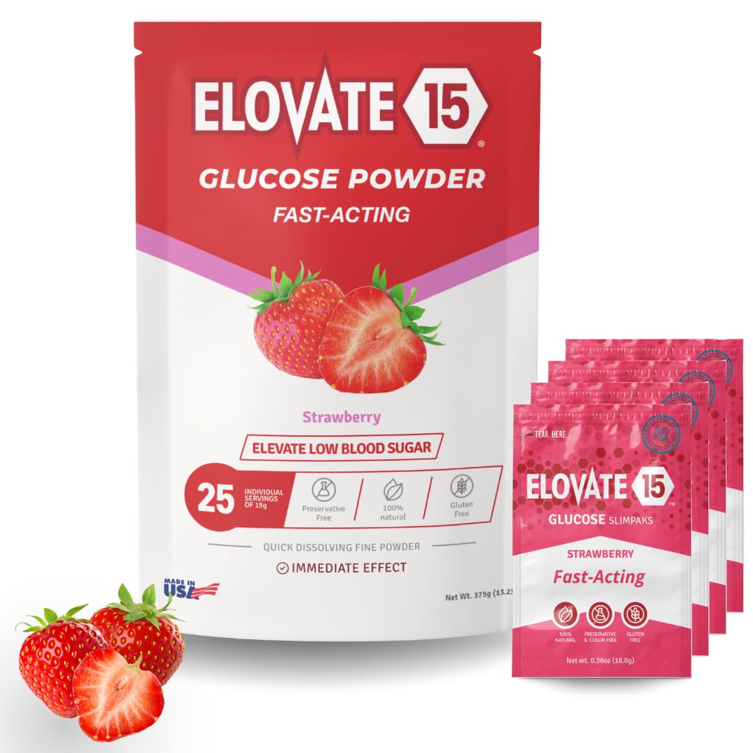 Elovate 15 Fast-Acting Glucose Packets – Strawberry, 15g Dextrose, Waterproof SlimPaks, USA Made, Gluten-Free (Pack of 25)