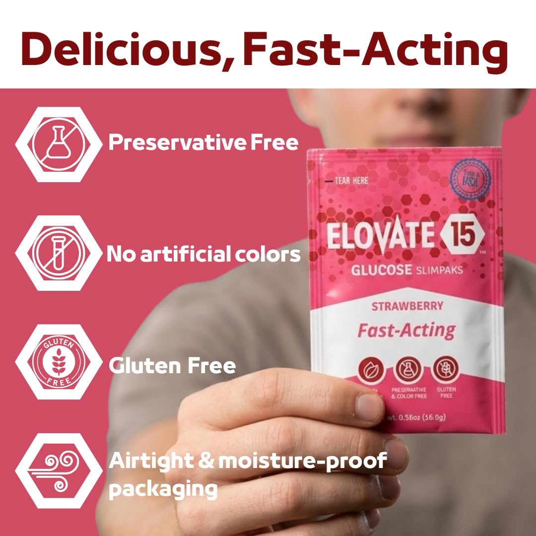 Elovate 15 Fast-Acting Glucose Packets – Strawberry, 15g Dextrose, Waterproof SlimPaks, USA Made, Gluten-Free (Pack of 25)