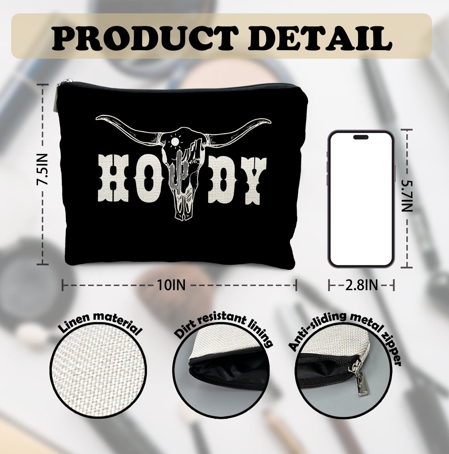 Elpwk Boho Western Howdy Makeup Bag for Women, Southwestern Cowboy Cow Skull Cactus Cosmetic Bags,Gifts for For Mom Friends Teen Girl & Women, Black Western Zipper Makeup Pouch for Purse