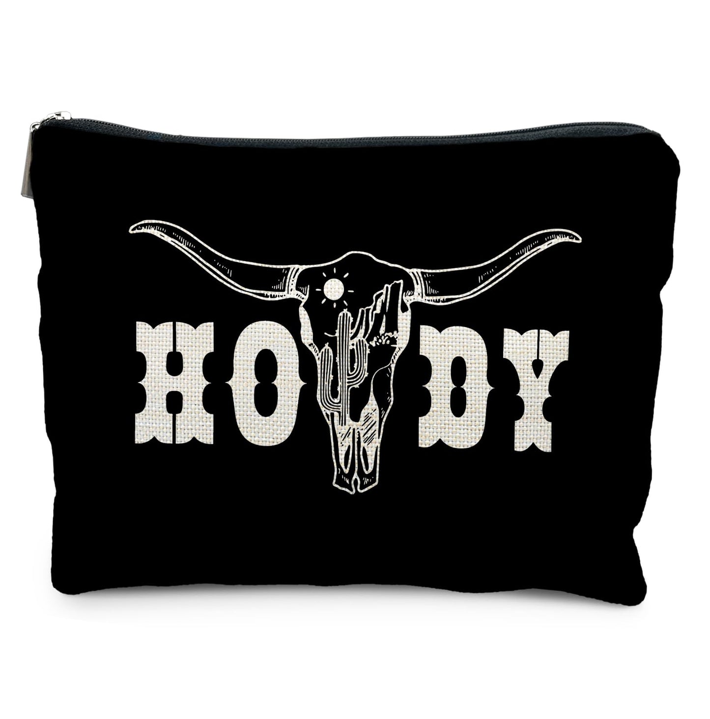 Elpwk Boho Western Howdy Makeup Bag for Women, Southwestern Cowboy Cow Skull Cactus Cosmetic Bags,Gifts for For Mom Friends Teen Girl & Women, Black Western Zipper Makeup Pouch for Purse