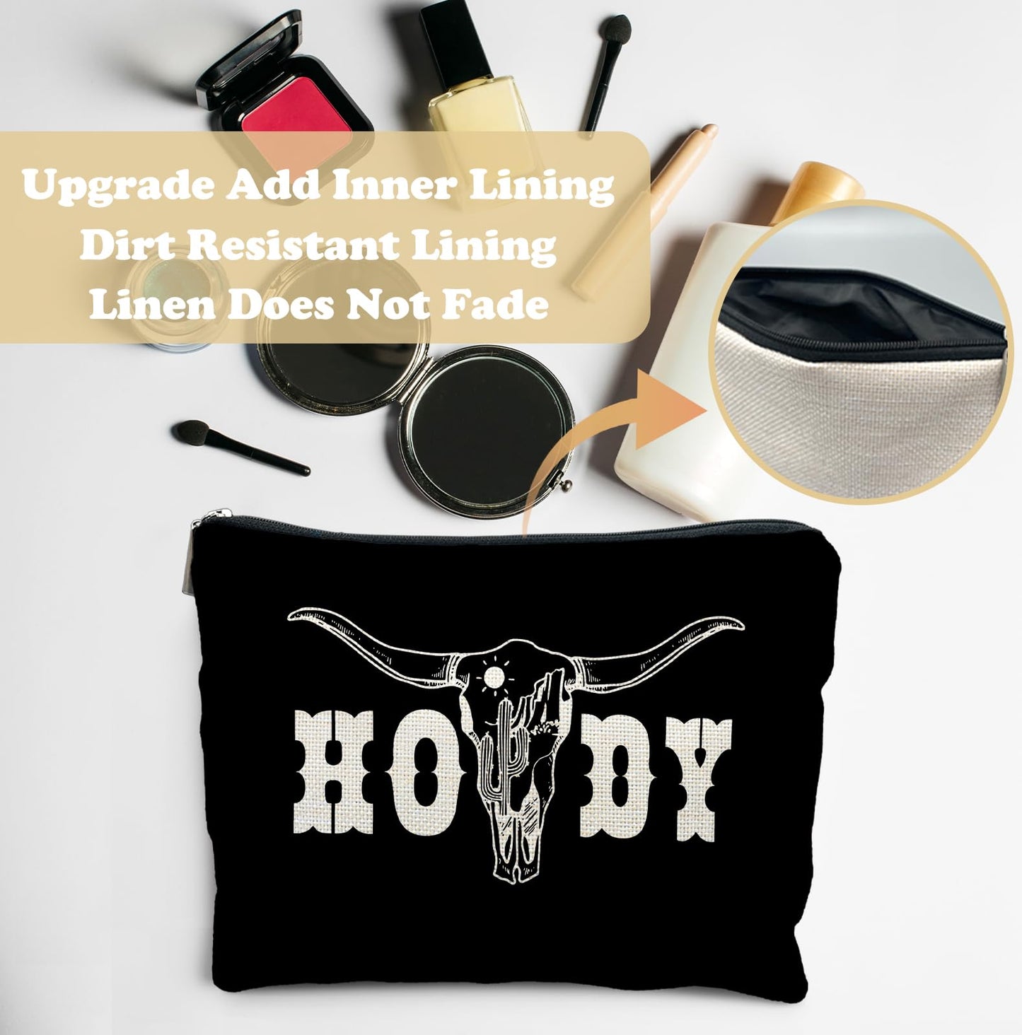 Elpwk Boho Western Howdy Makeup Bag for Women, Southwestern Cowboy Cow Skull Cactus Cosmetic Bags,Gifts for For Mom Friends Teen Girl & Women, Black Western Zipper Makeup Pouch for Purse