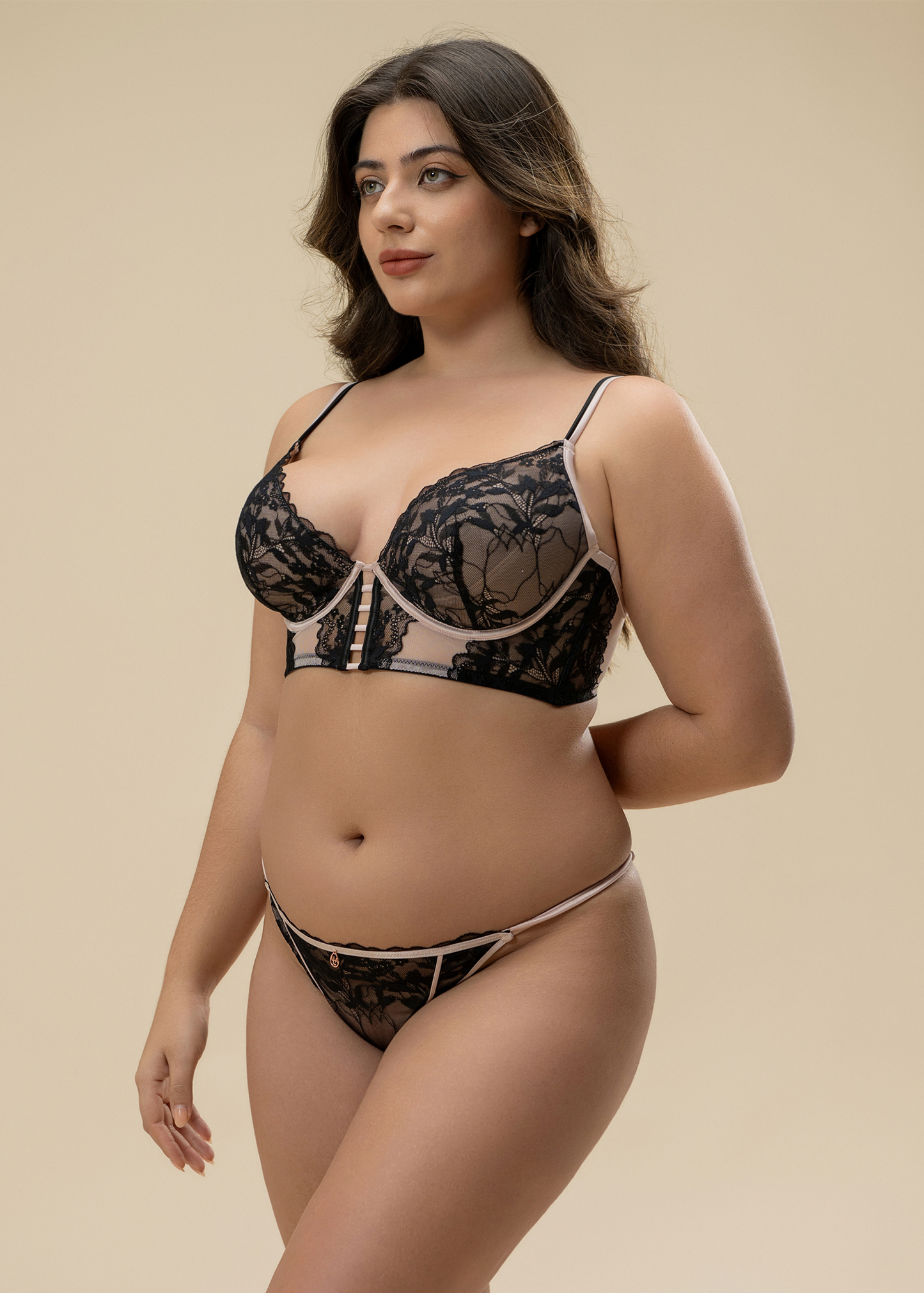 ELSA Plus Sexy Black Floral Lace Underwired Unlined Demi Long Bra