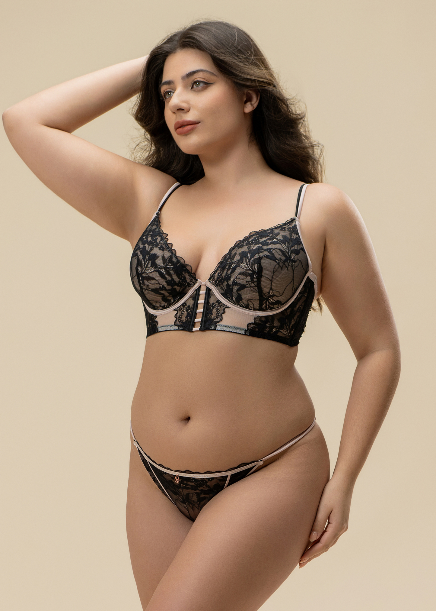 ELSA Plus Sexy Black Floral Lace Underwired Unlined Demi Long Bra