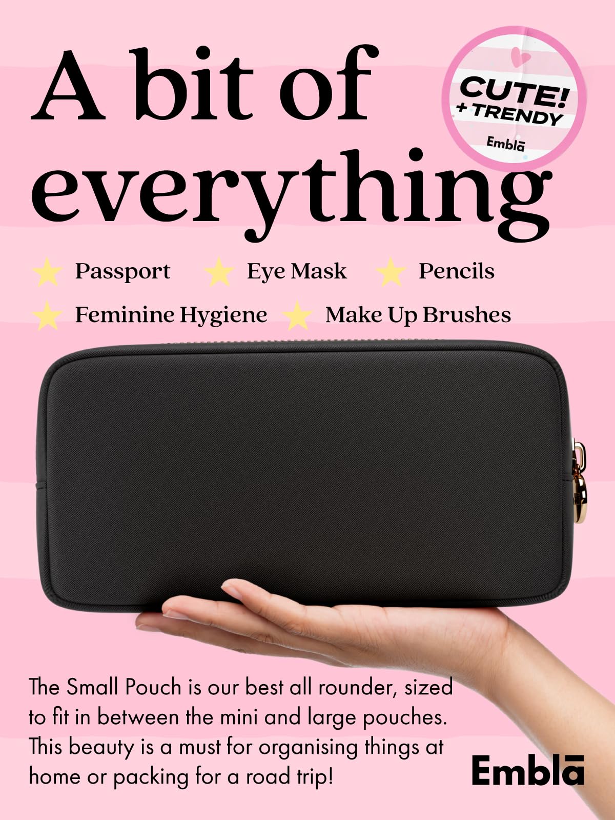 Embla Makeup Bag Travel Cosmetics Pouch and Toiletry Bag, Nylon Zipper Pouch Purse, Cute Make Up Organizer Storage Tote for Women Girls, Waterproof Travel Skincare Case, Small Makeup Bags, Black