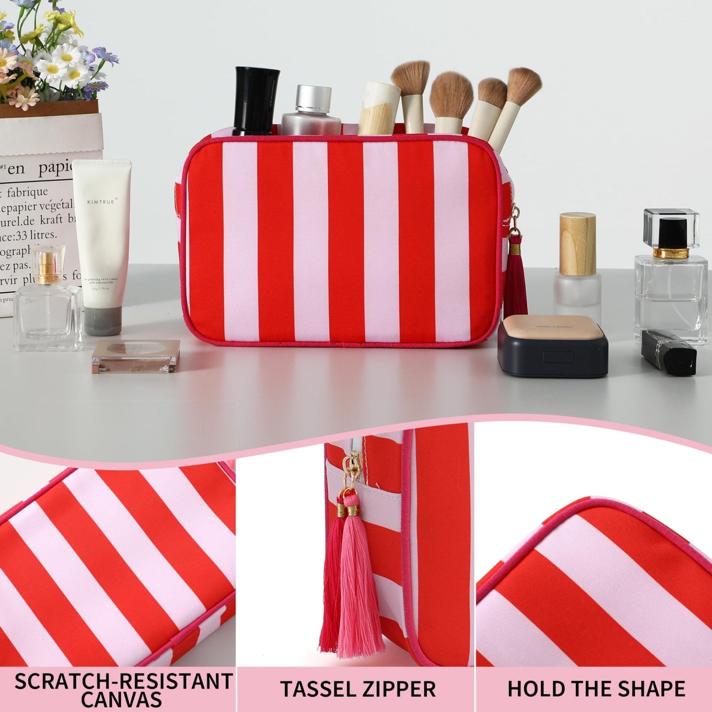 EMBRUNIOICE Travel Striped Makeup Bag, Red and Pink