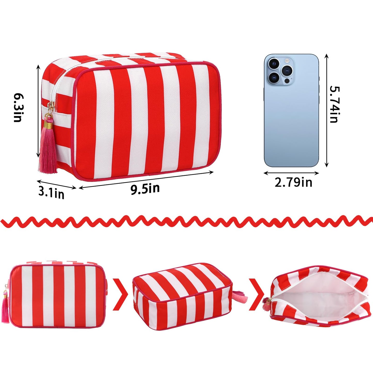 EMBRUNIOICE Travel Striped Makeup Bag, Red and Pink