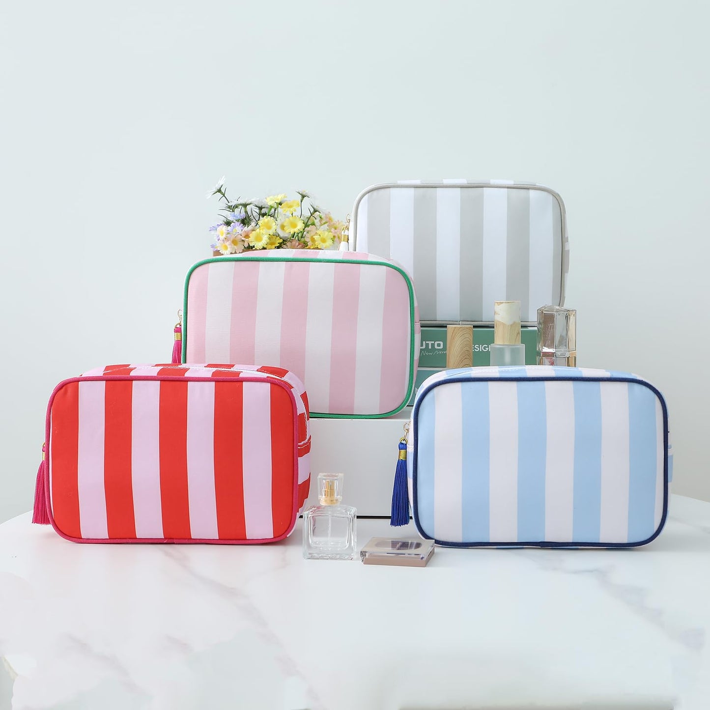 EMBRUNIOICE Travel Striped Makeup Bag, Red and Pink