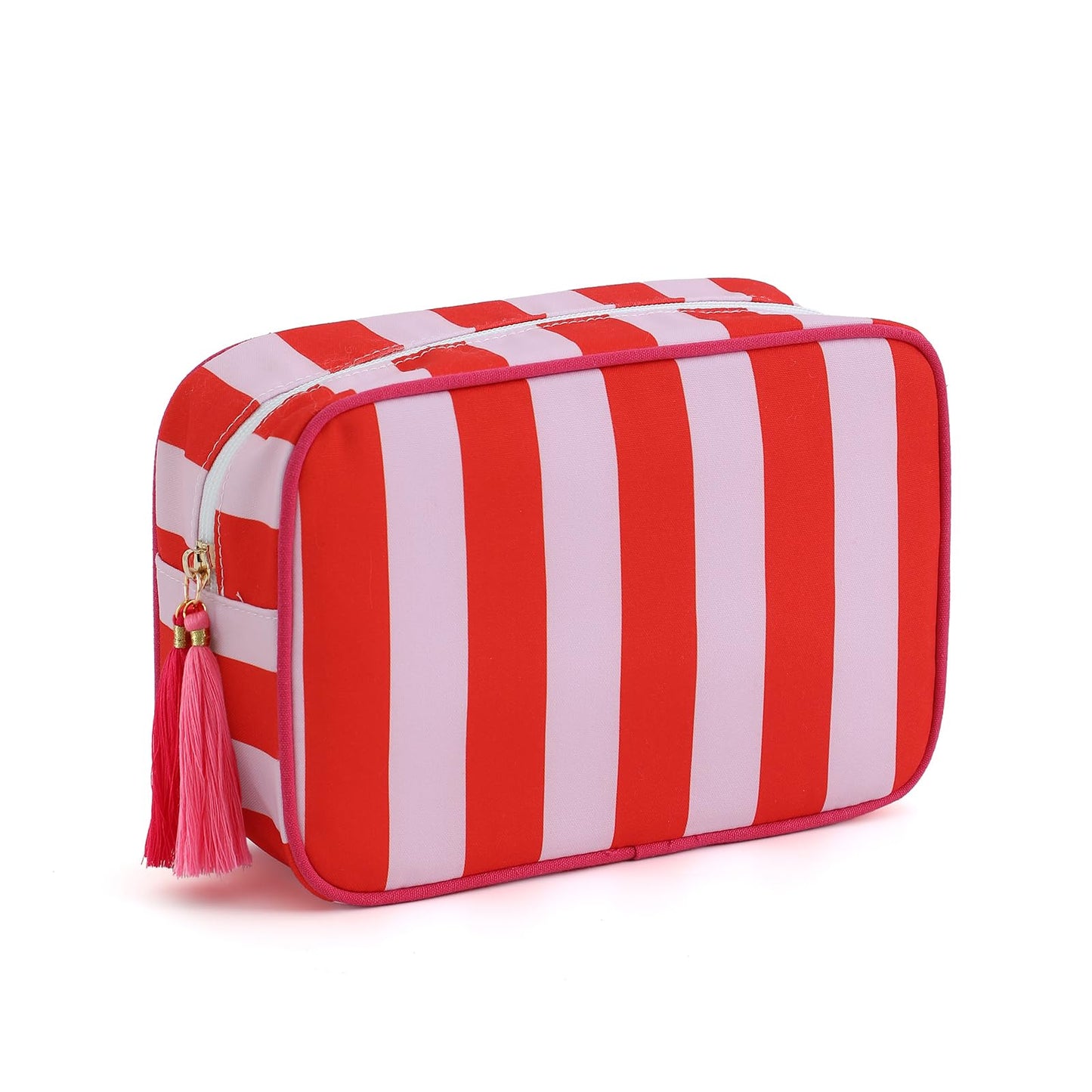 EMBRUNIOICE Travel Striped Makeup Bag, Red and Pink