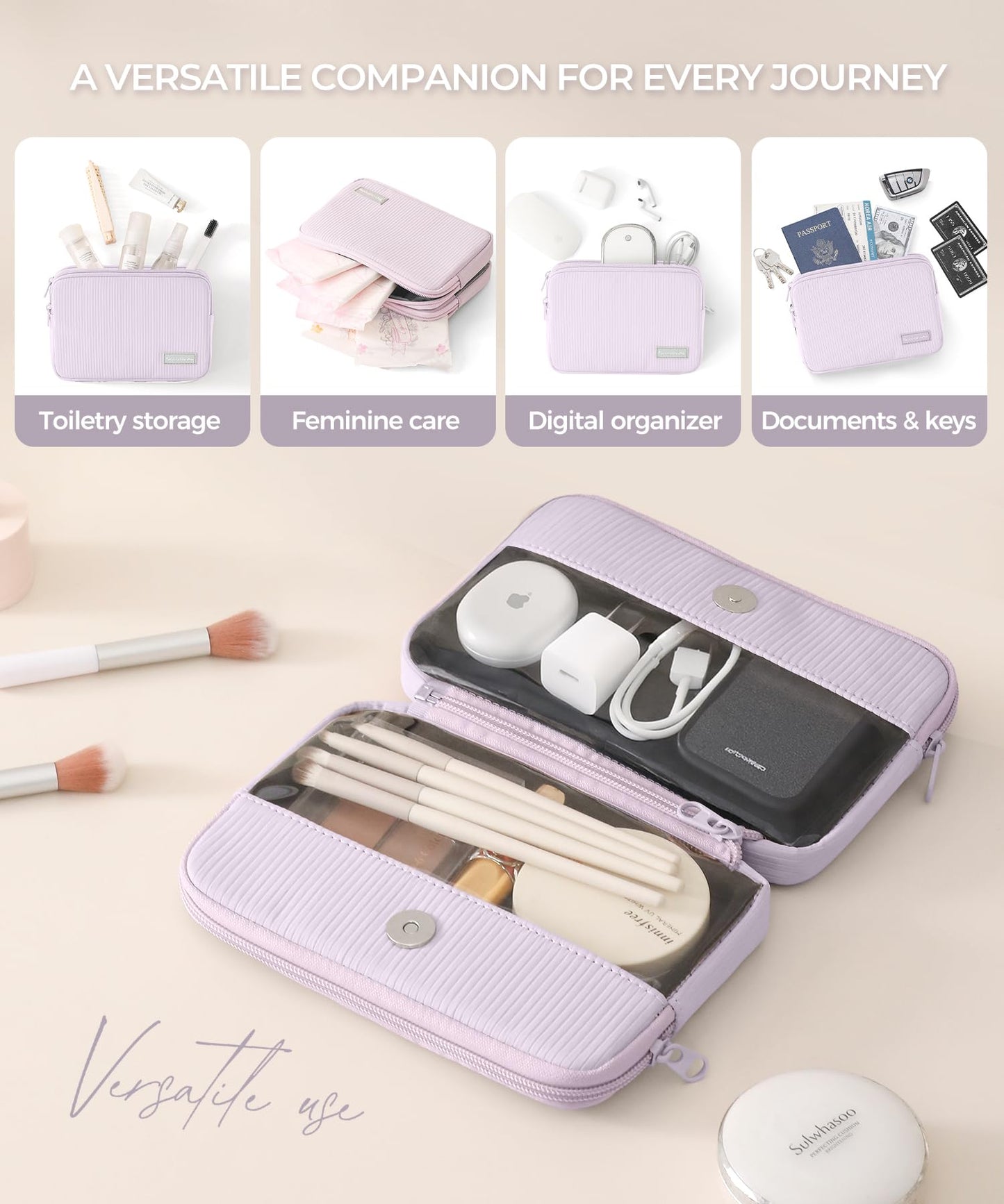 EPEDAL24 Preppy Makeup Bag, Rectangle Double Detachable Cosmetic Organizer, Clear Side Panel Portable Travel Pouches for In-Flight Essentials, Beauty & Tech Accessories, Gift for Women