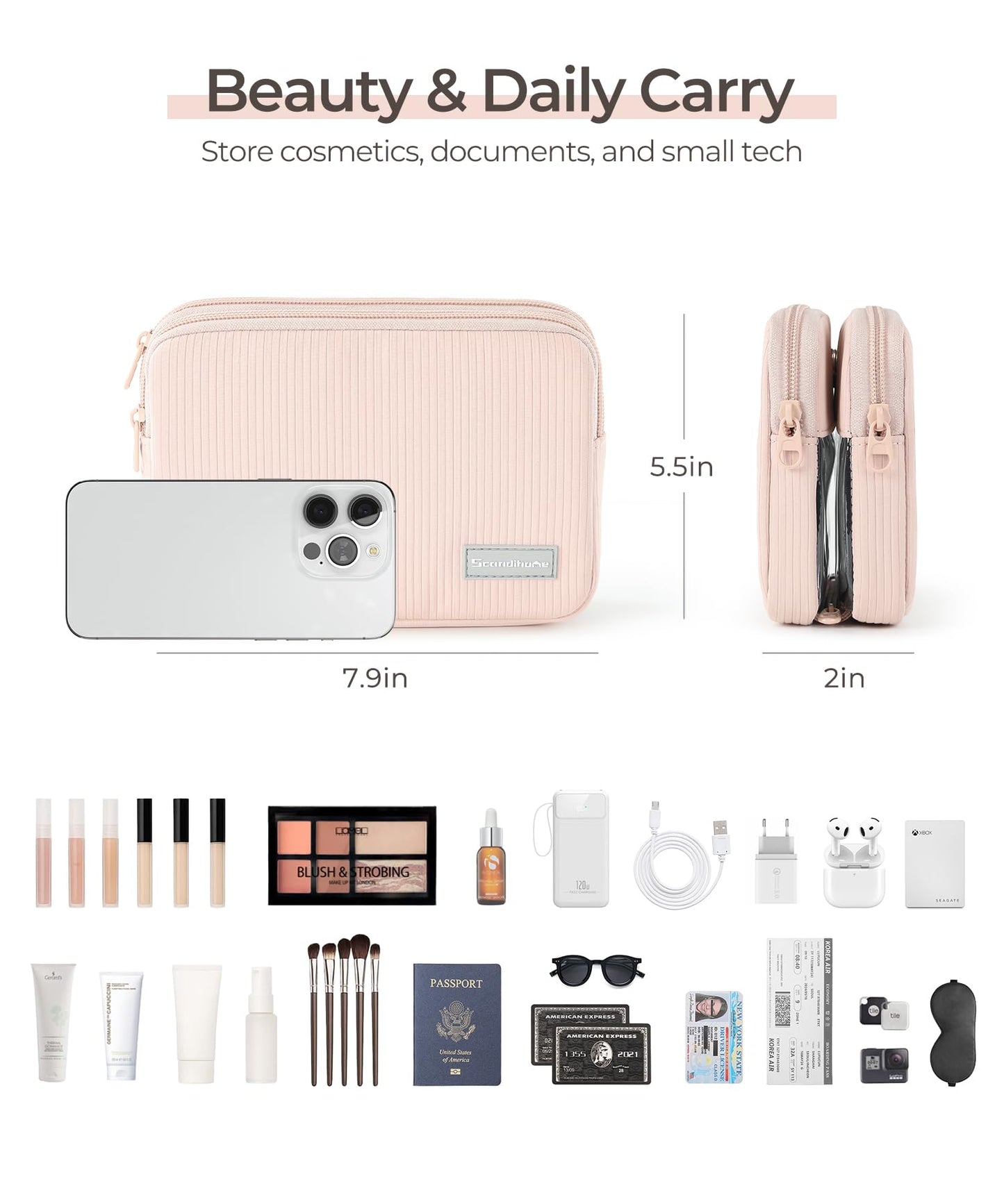 EPEDAL24 Preppy Makeup Bag, Rectangle Double Detachable Cosmetic Organizer, Clear Side Panel Portable Travel Pouches for In-Flight Essentials, Beauty & Tech Accessories, Gift for Women
