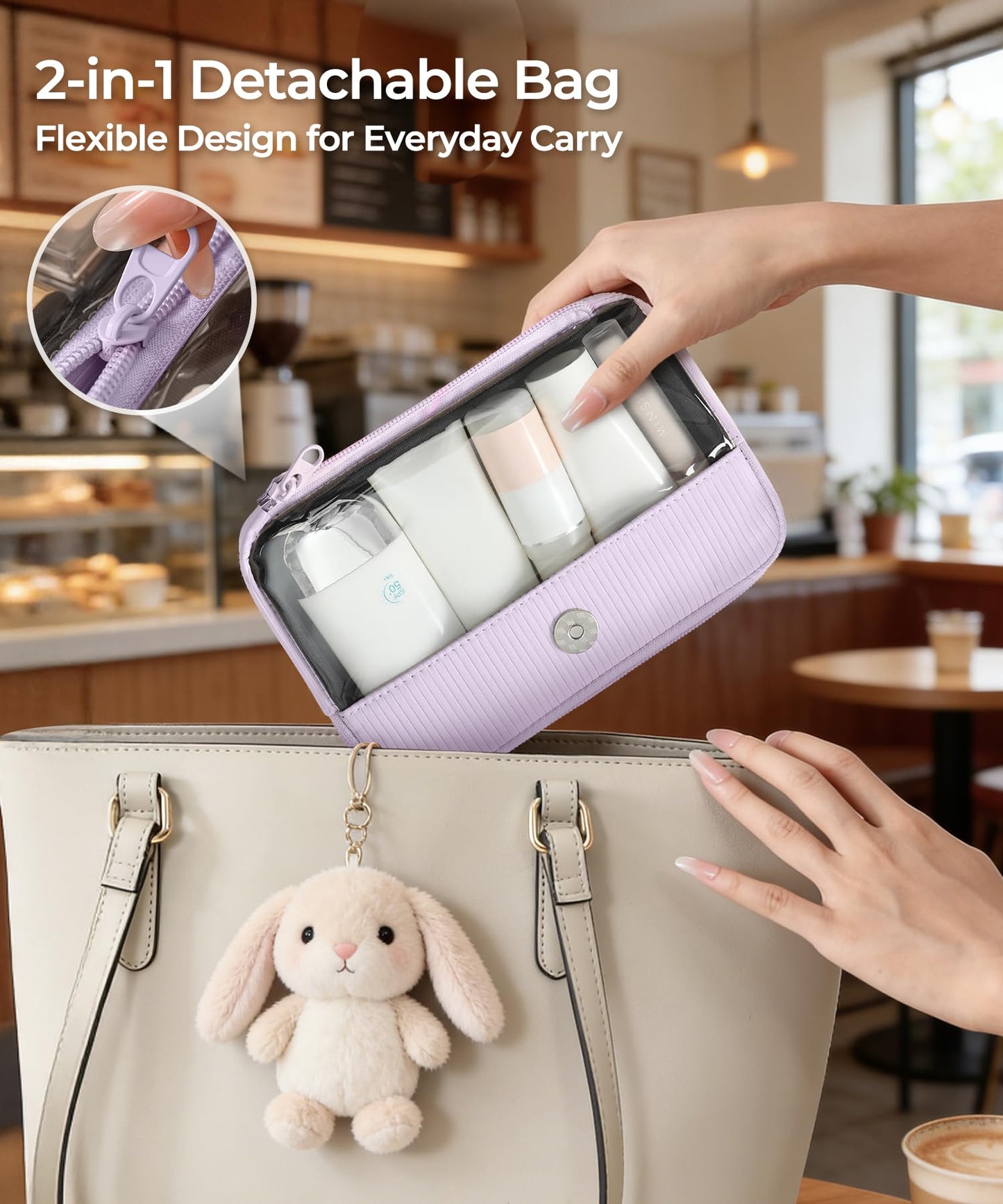 EPEDAL24 Preppy Makeup Bag, Rectangle Double Detachable Cosmetic Organizer, Clear Side Panel Portable Travel Pouches for In-Flight Essentials, Beauty & Tech Accessories, Gift for Women