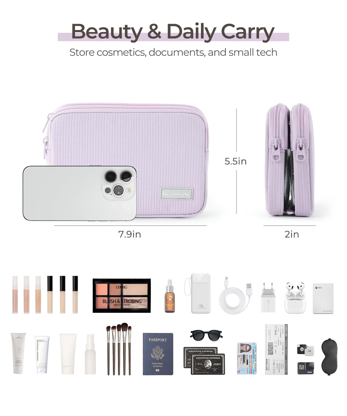 EPEDAL24 Preppy Makeup Bag, Rectangle Double Detachable Cosmetic Organizer, Clear Side Panel Portable Travel Pouches for In-Flight Essentials, Beauty & Tech Accessories, Gift for Women