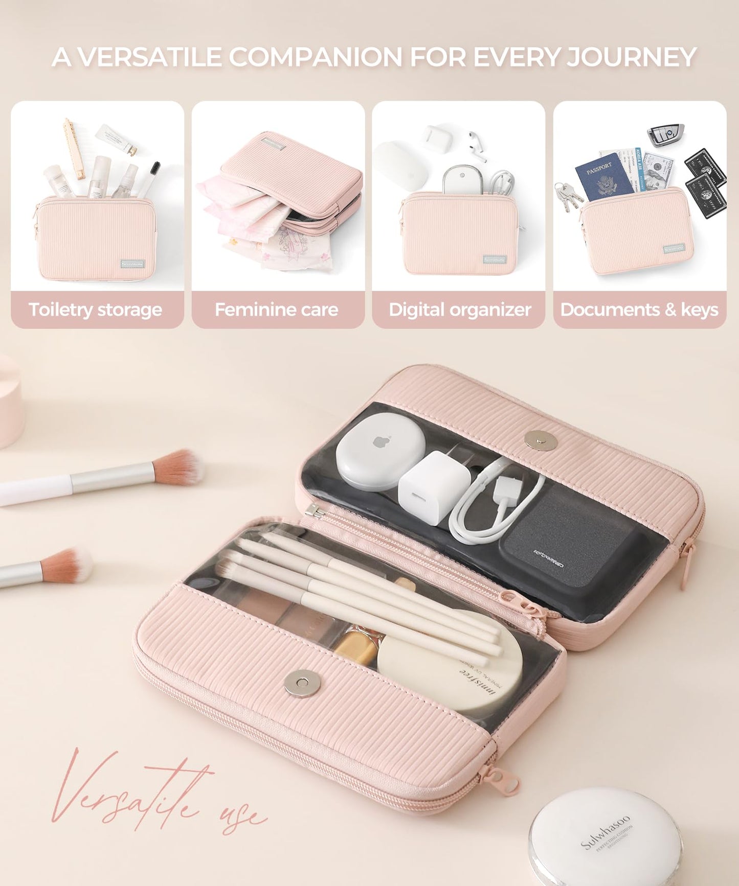 EPEDAL24 Preppy Makeup Bag, Rectangle Double Detachable Cosmetic Organizer, Clear Side Panel Portable Travel Pouches for In-Flight Essentials, Beauty & Tech Accessories, Gift for Women