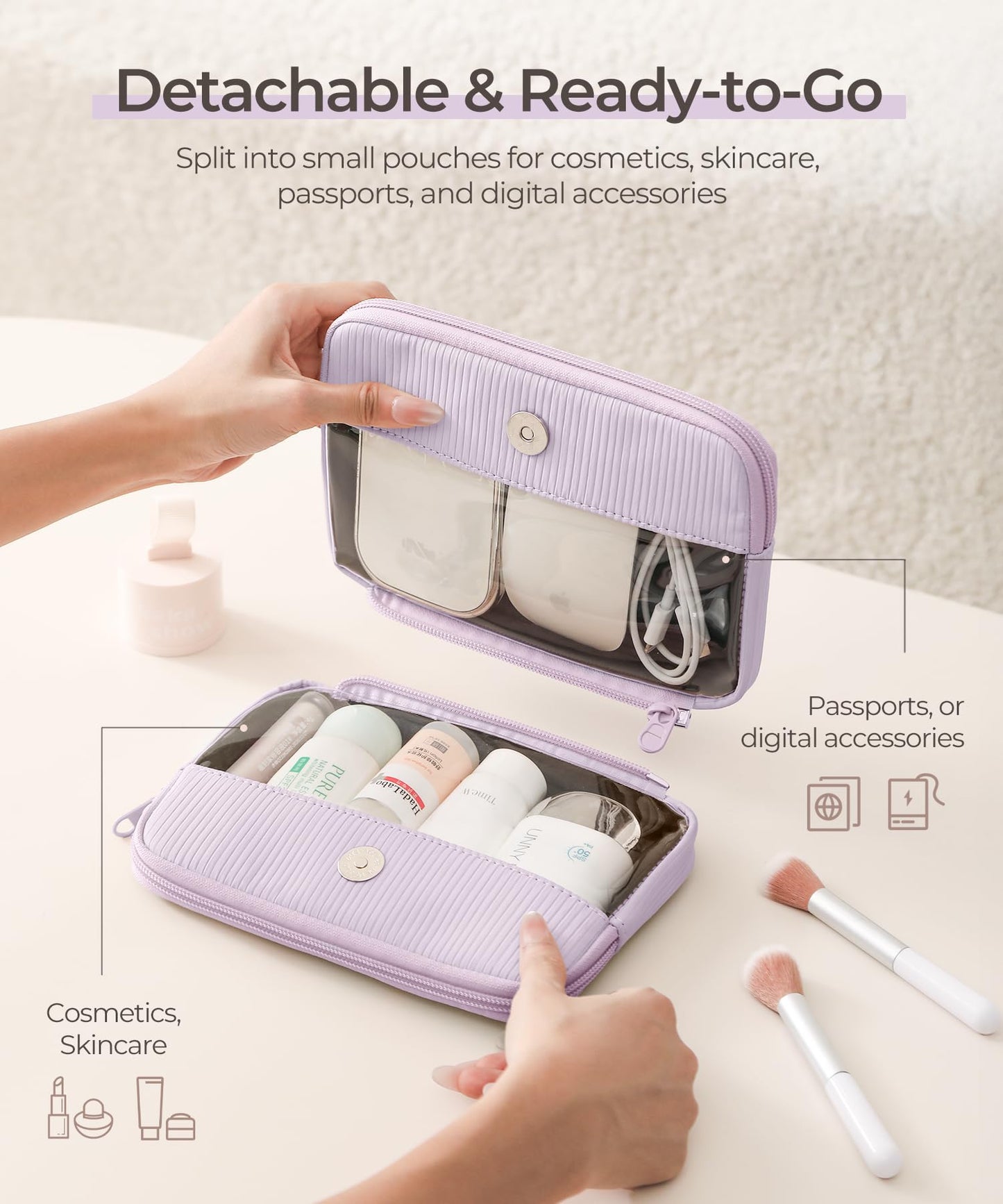 EPEDAL24 Preppy Makeup Bag, Rectangle Double Detachable Cosmetic Organizer, Clear Side Panel Portable Travel Pouches for In-Flight Essentials, Beauty & Tech Accessories, Gift for Women