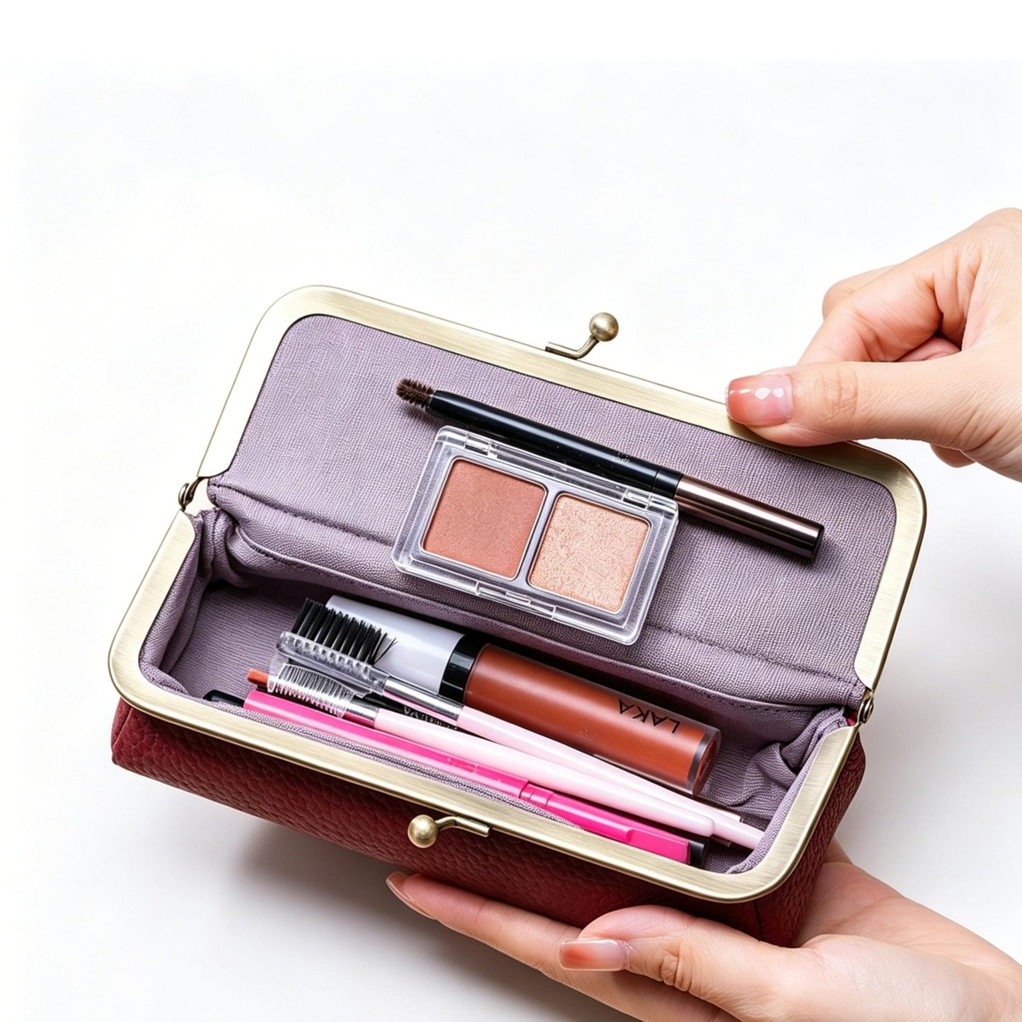EutDett Leather Makeup Bag, Small Makeup Organizer for Purse Essentials, Versatile Travel Lipstick Case, Cosmetic Pouch & Fashion Pencil Pouch for Women (Wine Red)