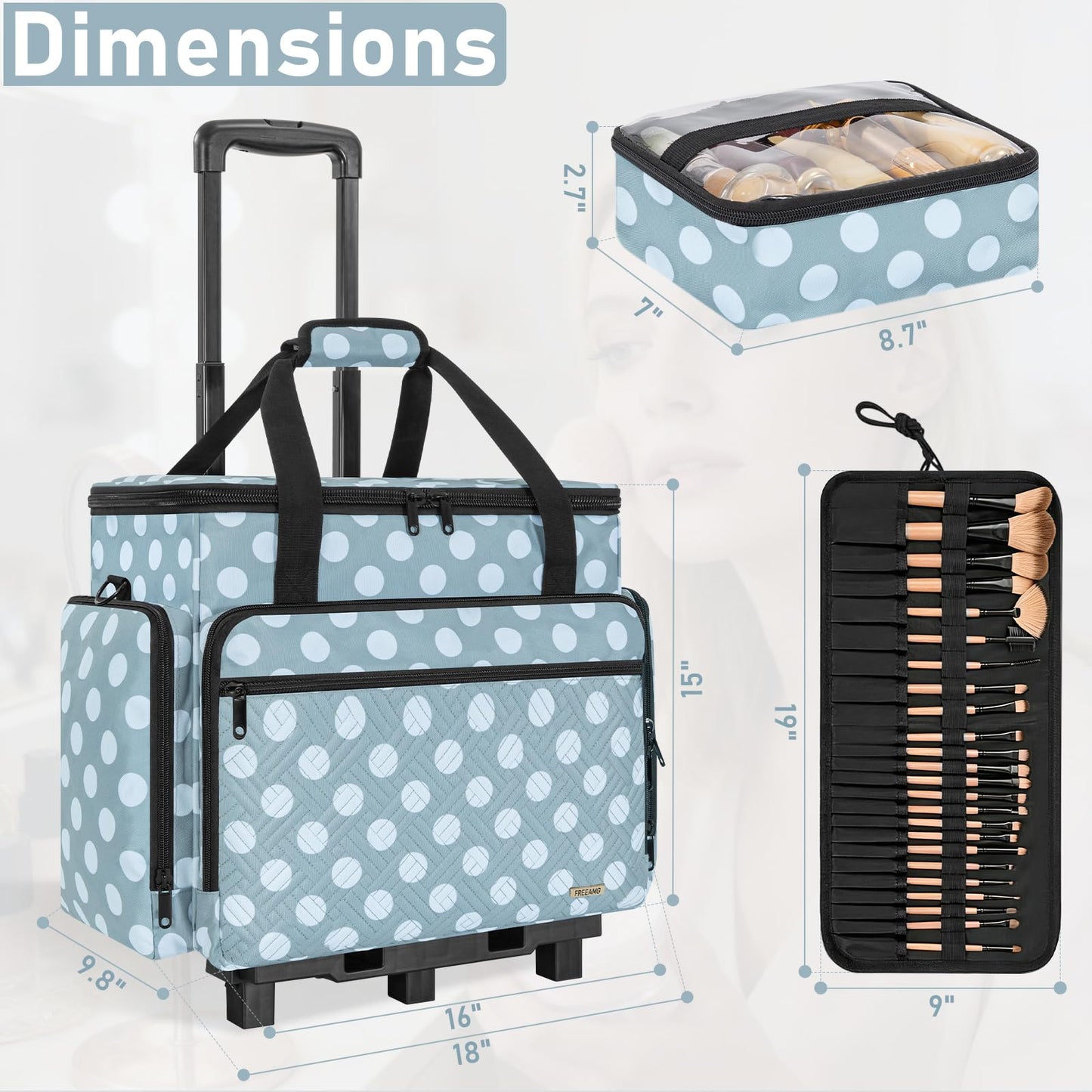 Extra Large Rolling Makeup Bag with 4 Removable Pouches and 1 Brush Holder