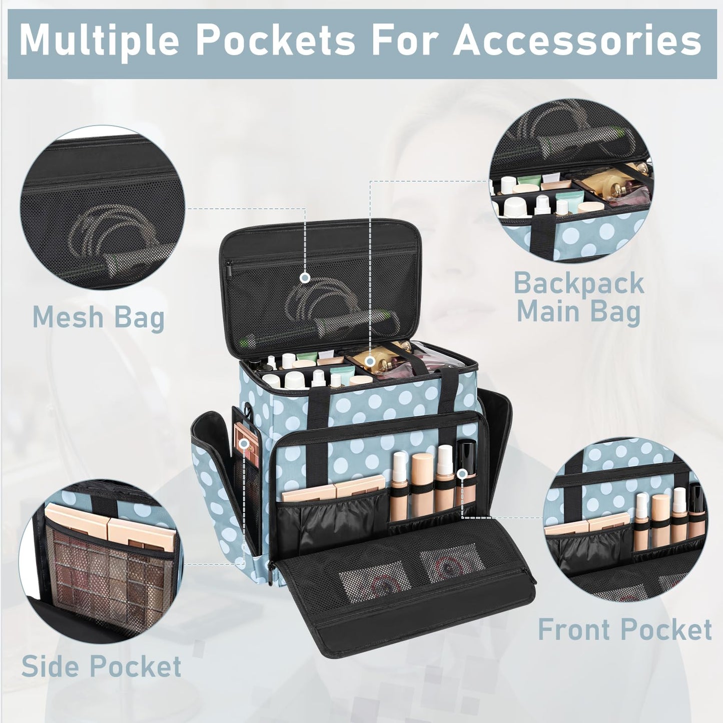 Extra Large Rolling Makeup Bag with 4 Removable Pouches and 1 Brush Holder