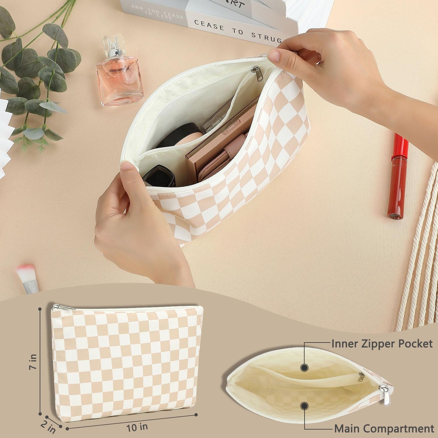 Fammart Checkered Makeup Bag, Travel Cosmetic Bag Organizer Toiletry Bag Make Up Bags with Zipper & Compartments for Women Girls