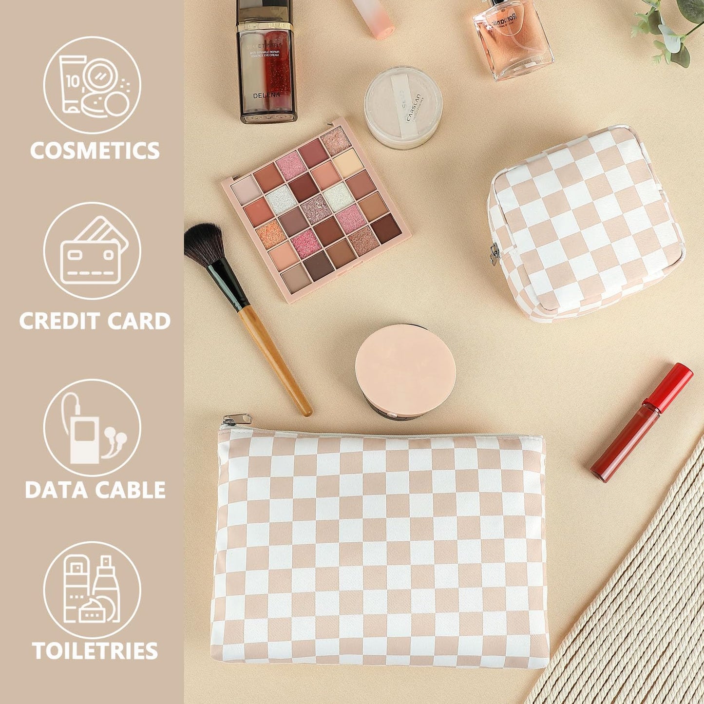 Fammart Checkered Makeup Bag, Travel Cosmetic Bag Organizer Toiletry Bag Make Up Bags with Zipper & Compartments for Women Girls