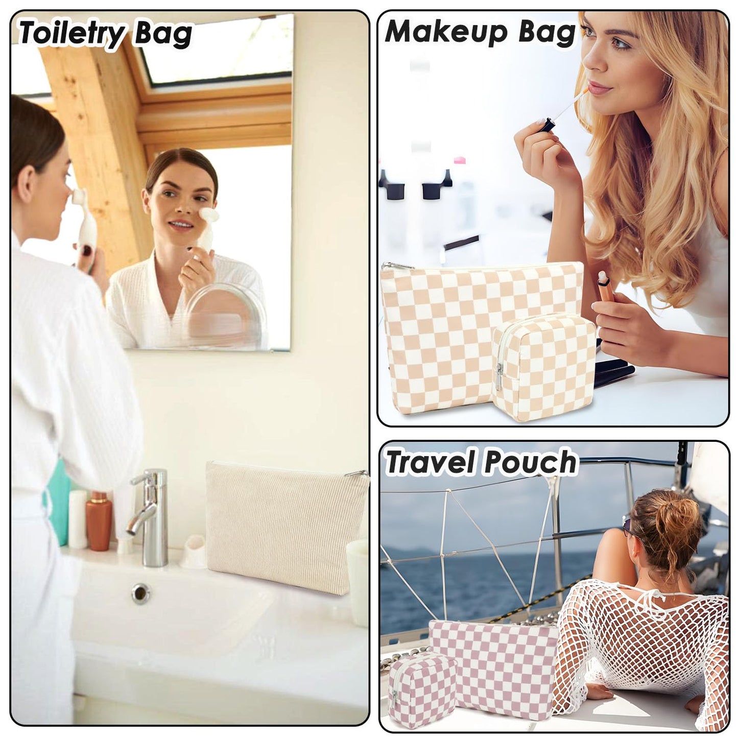 Fammart Checkered Makeup Bag, Travel Cosmetic Bag Organizer Toiletry Bag Make Up Bags with Zipper & Compartments for Women Girls