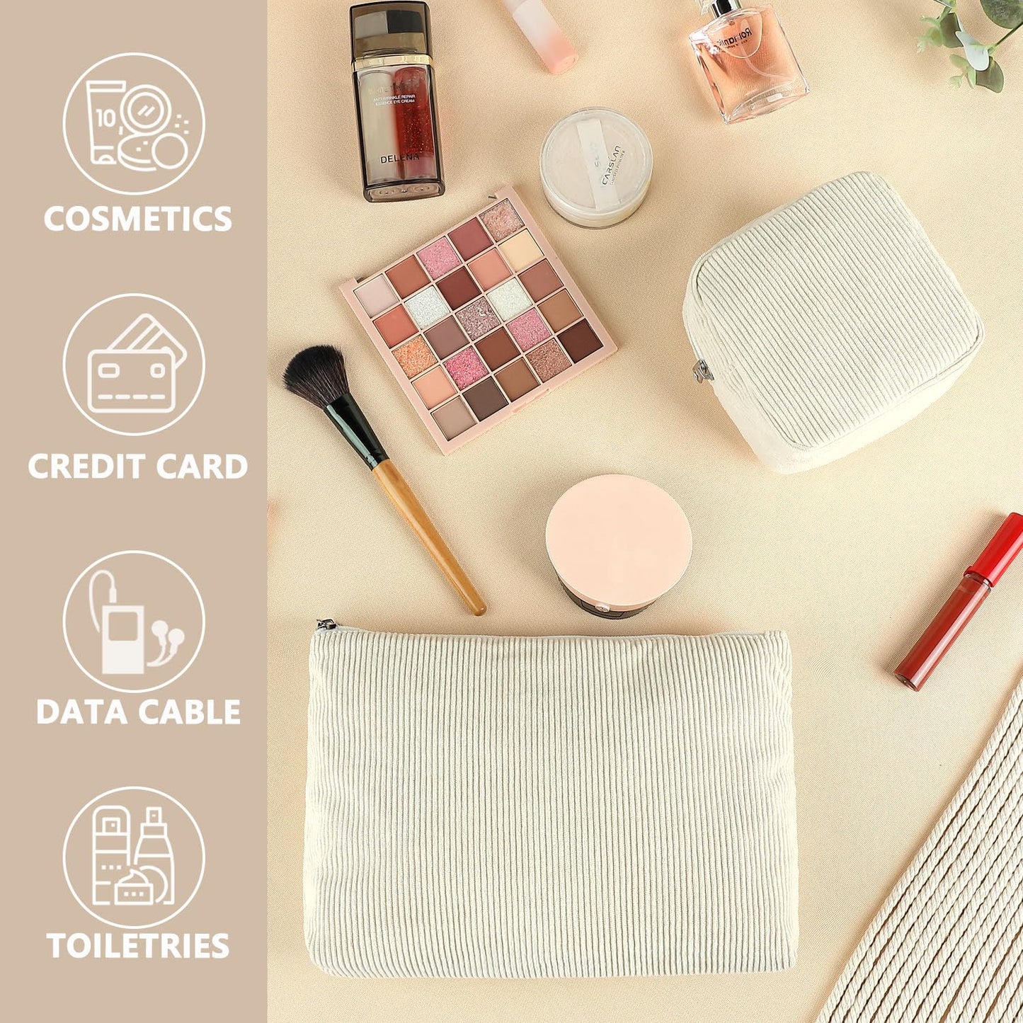 Fammart Corduroy Makeup Bag, Travel Cosmetic Bag Organizer Toiletry Bag Make Up Bags with Zipper & Compartments for Women Girls
