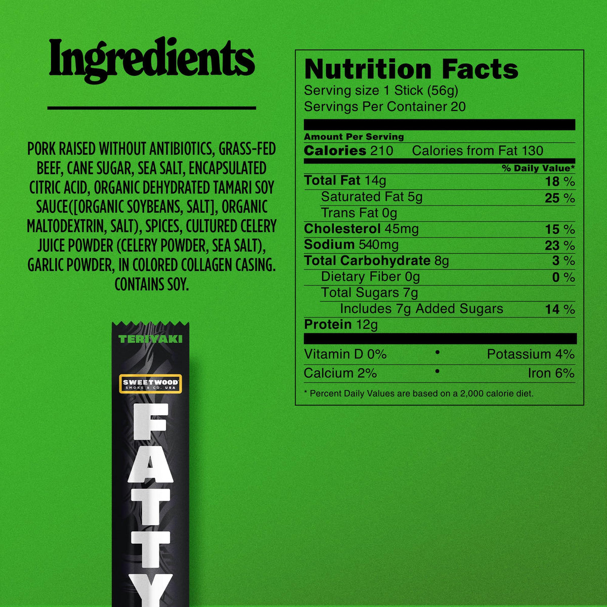 FATTY Meat Sticks Teriyaki — Grass-Fed Beef & Antibiotic-Free Pork, 12g Protein per Stick, 2 oz Pack of 20