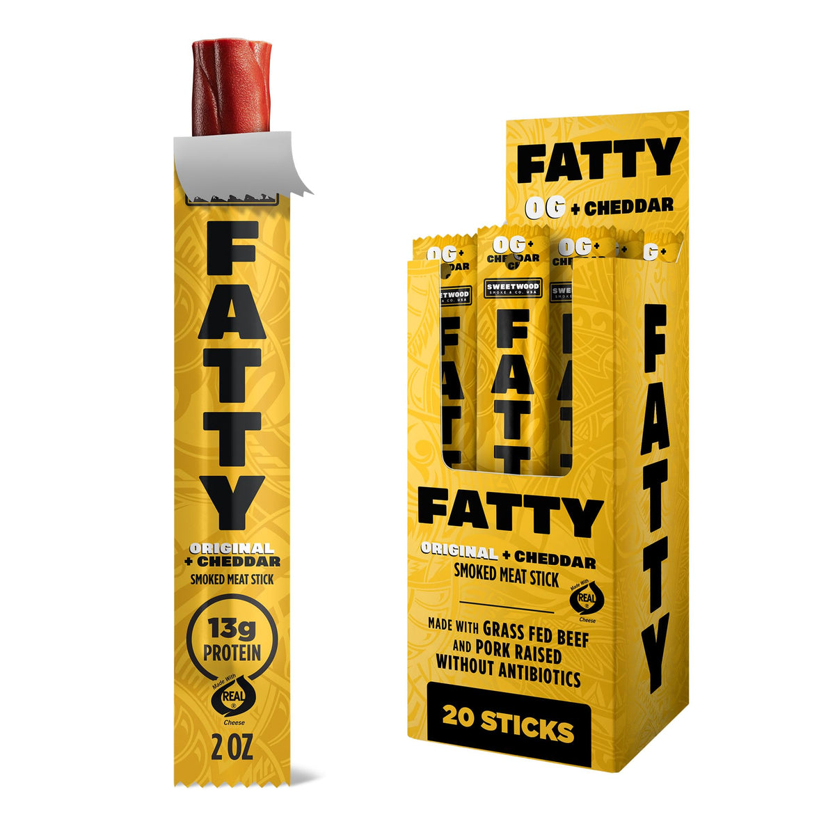 FATTY Meat Sticks Original Cheddar — 13g Protein per Stick, Grass-Fed Beef & Antibiotic-Free Pork, 2 oz, Pack of 20