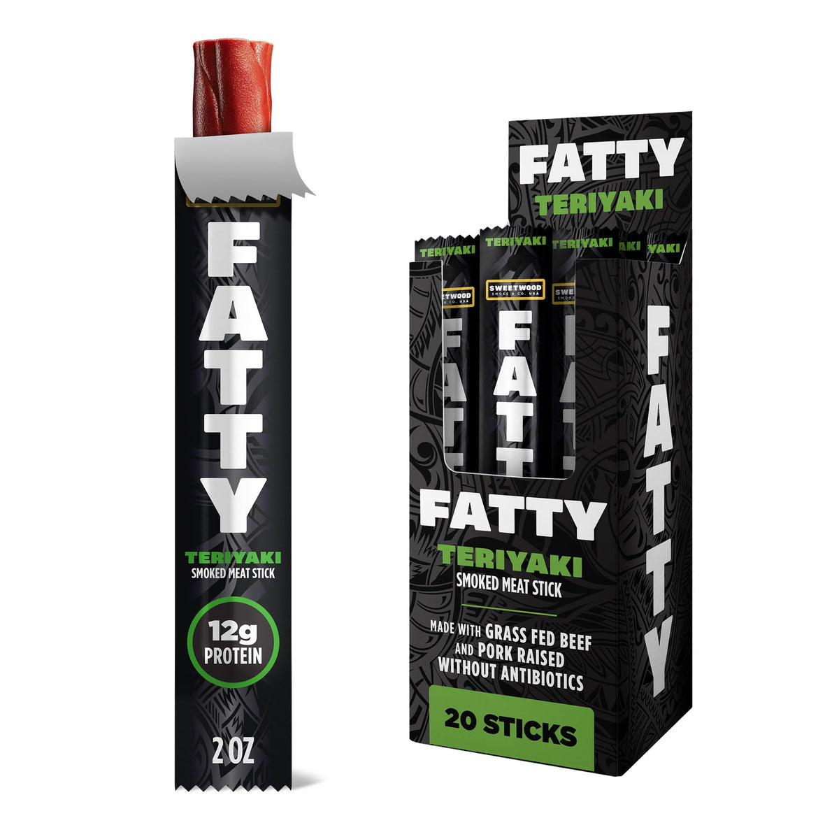 FATTY Meat Sticks Teriyaki — Grass-Fed Beef & Antibiotic-Free Pork, 12g Protein per Stick, 2 oz Pack of 20
