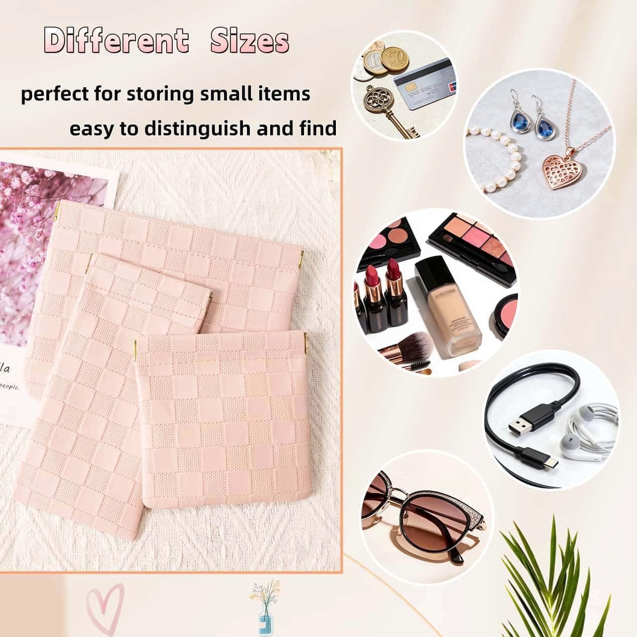 FeciFeco Small Makeup Bag for Purse, Pencil Case, Mini Cosmetic Bags for Women, Coin Purse Organizer, Lipstick Cosmetic Accessories Organizer, Small Travel Kit Storage Pouch (Multi-size-Pink)