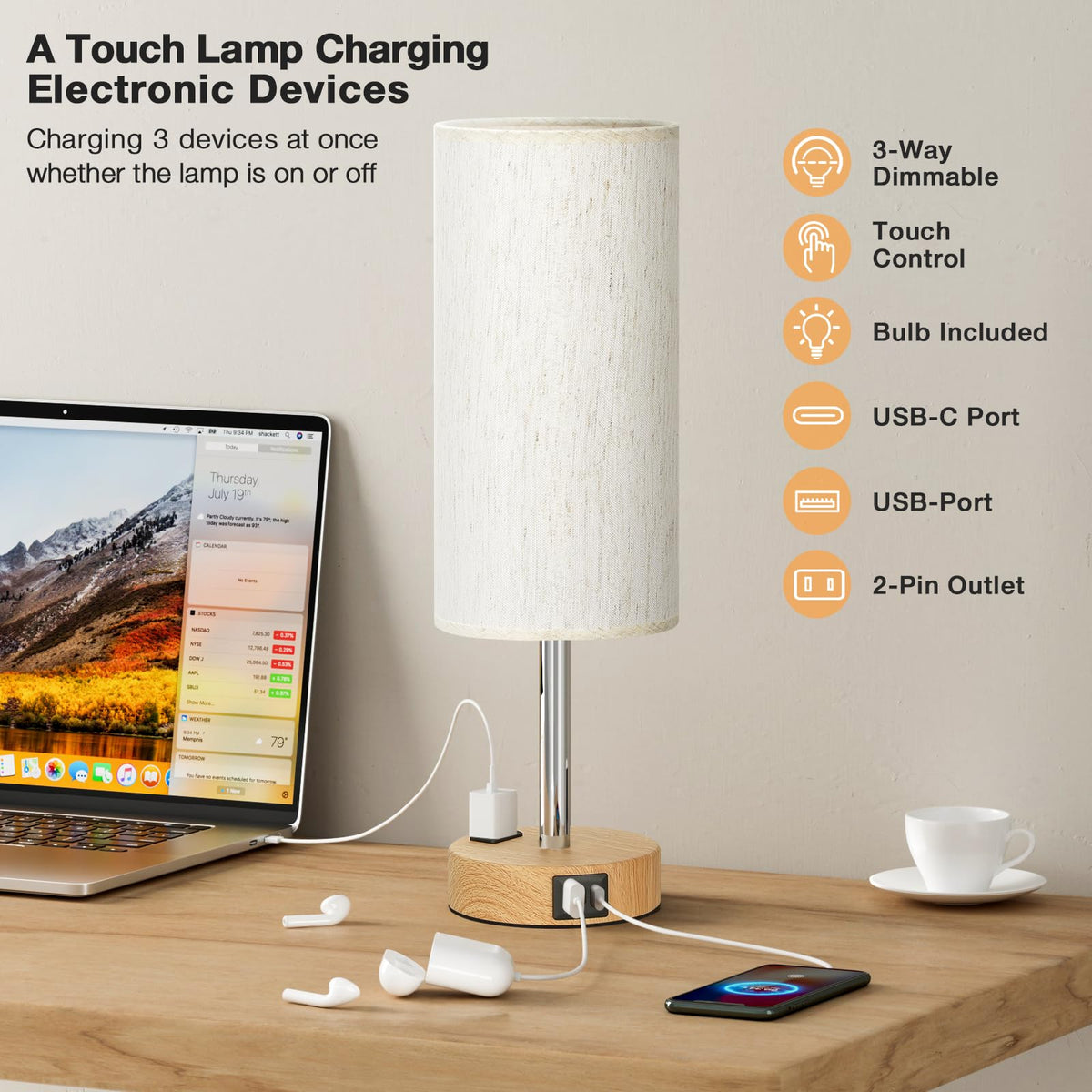 Fenmzee Bedside Table Lamp for Bedroom - Dimmable Touch, USB A+C, AC Outlet