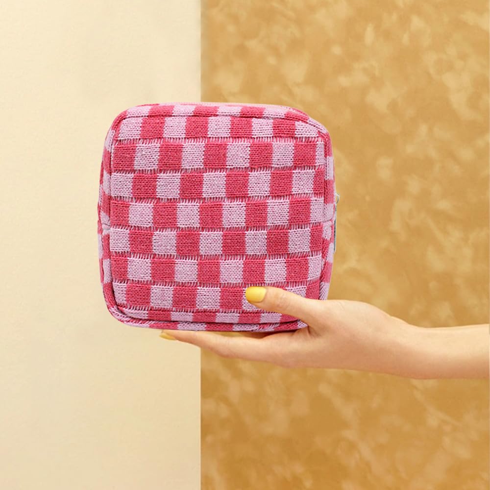 FFpaw Small Pink Makeup Bag for Purse, Mini Checkered Cosmetic Bag Zipper Cute Make Up Pouch Travel Toiletry Case Quilted Aesthetic Accessories Makeup Storage Bag Organizer for Women Girls