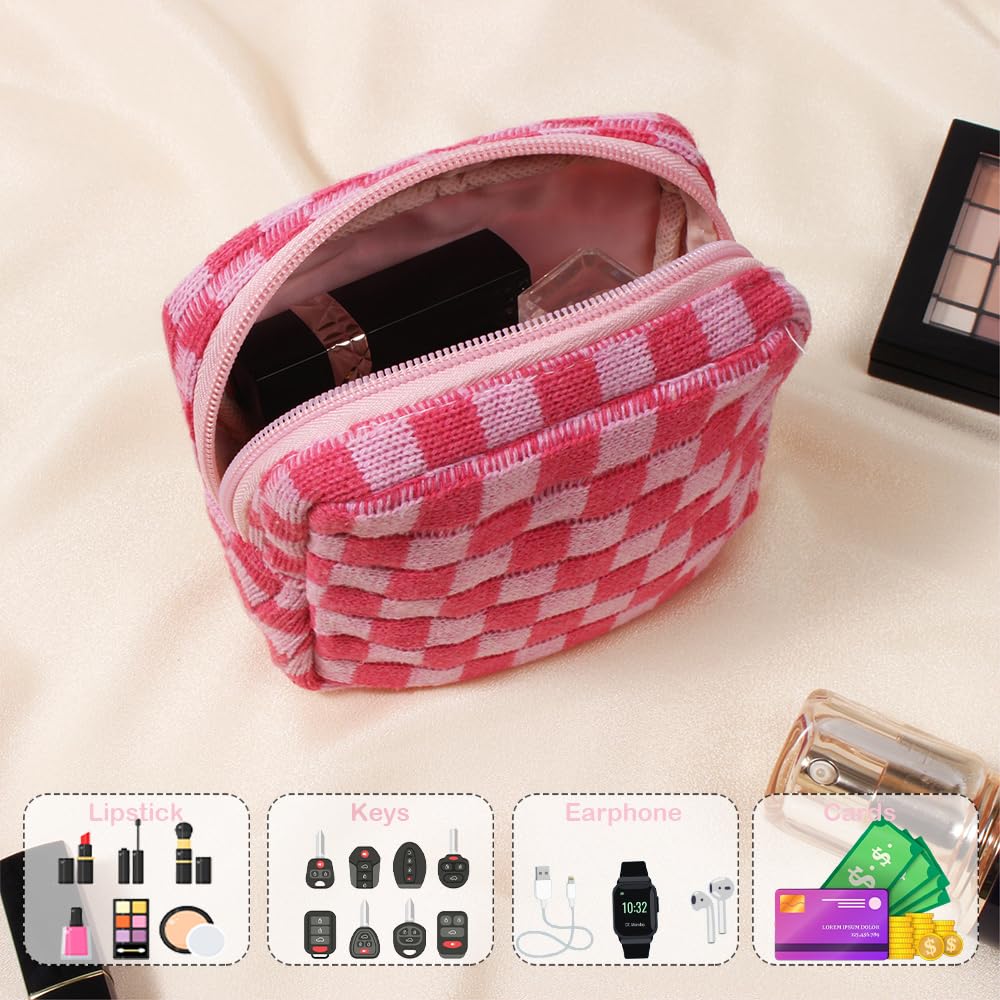 FFpaw Small Pink Makeup Bag for Purse, Mini Checkered Cosmetic Bag Zipper Cute Make Up Pouch Travel Toiletry Case Quilted Aesthetic Accessories Makeup Storage Bag Organizer for Women Girls