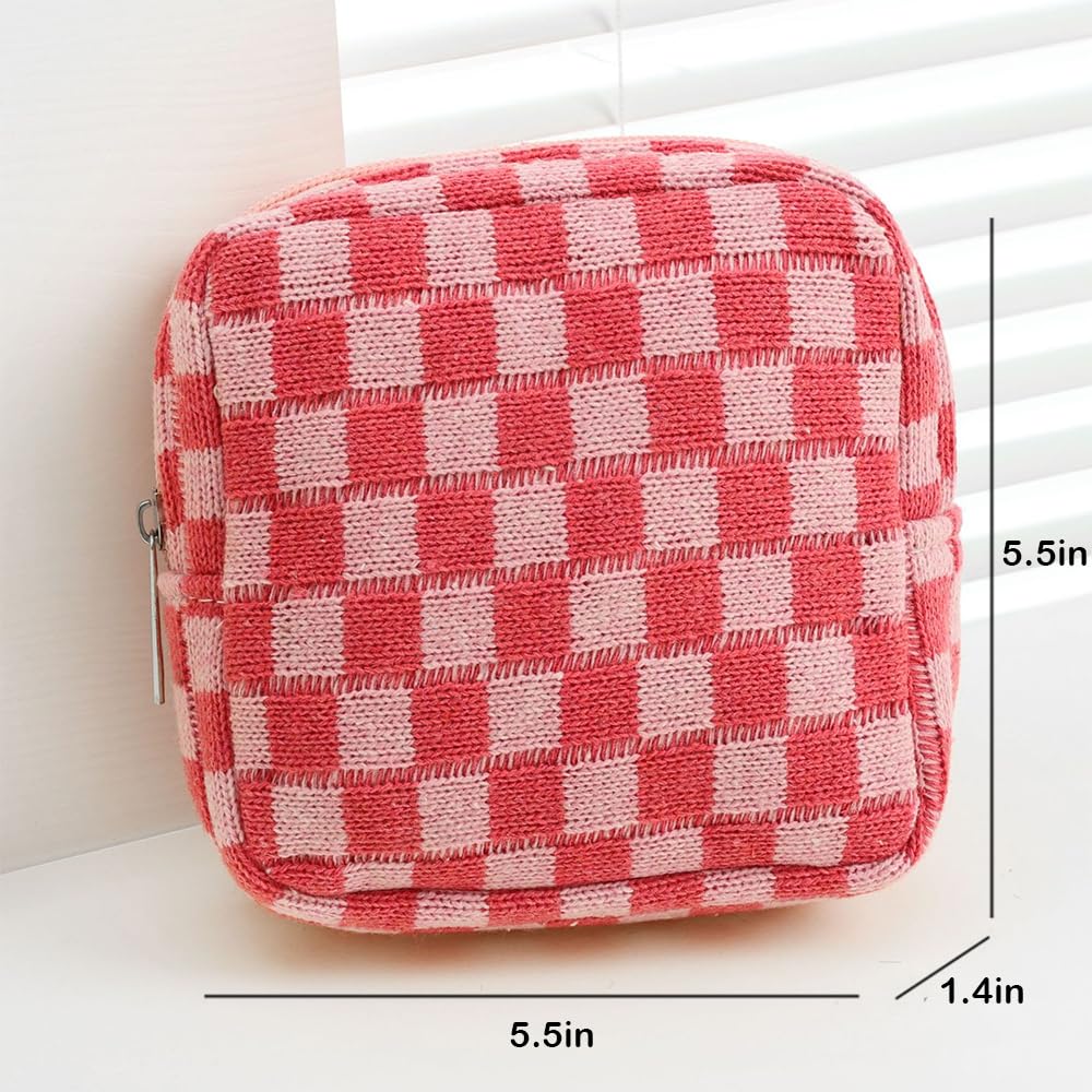 FFpaw Small Pink Makeup Bag for Purse, Mini Checkered Cosmetic Bag Zipper Cute Make Up Pouch Travel Toiletry Case Quilted Aesthetic Accessories Makeup Storage Bag Organizer for Women Girls
